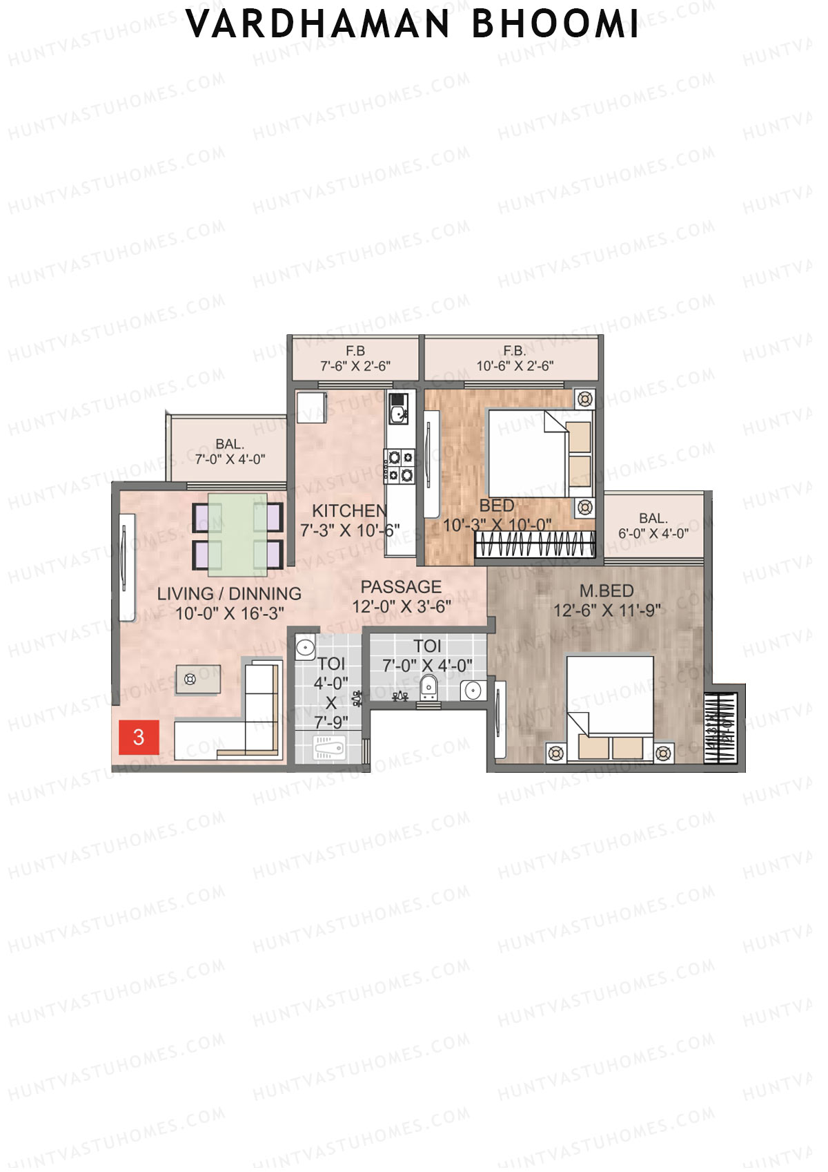 Vardhaman Bhoomi, Wing A, Unit 3, 2BHK, Carpet Area 600   sq ft 
