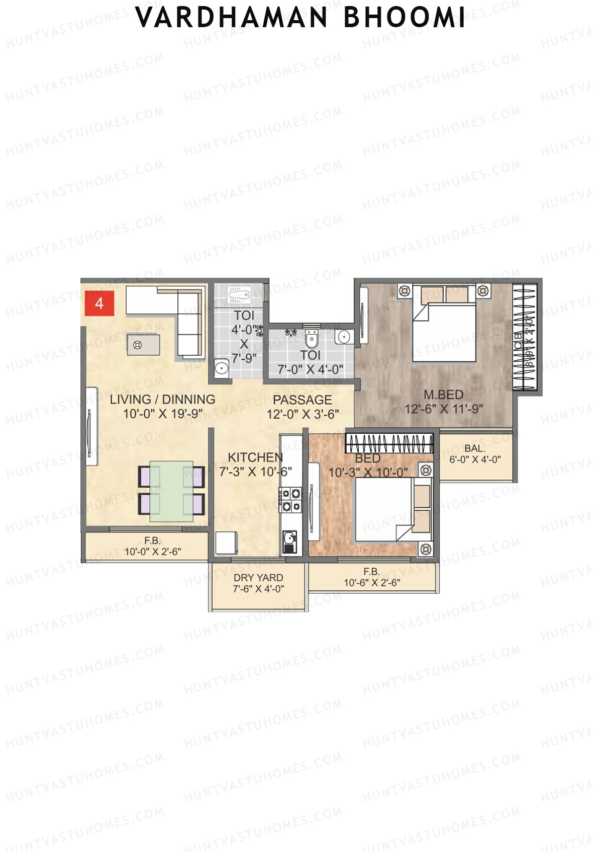 Vardhaman Bhoomi, Wing A, Unit 4, 2BHK, Carpet Area 600   sq ft 
