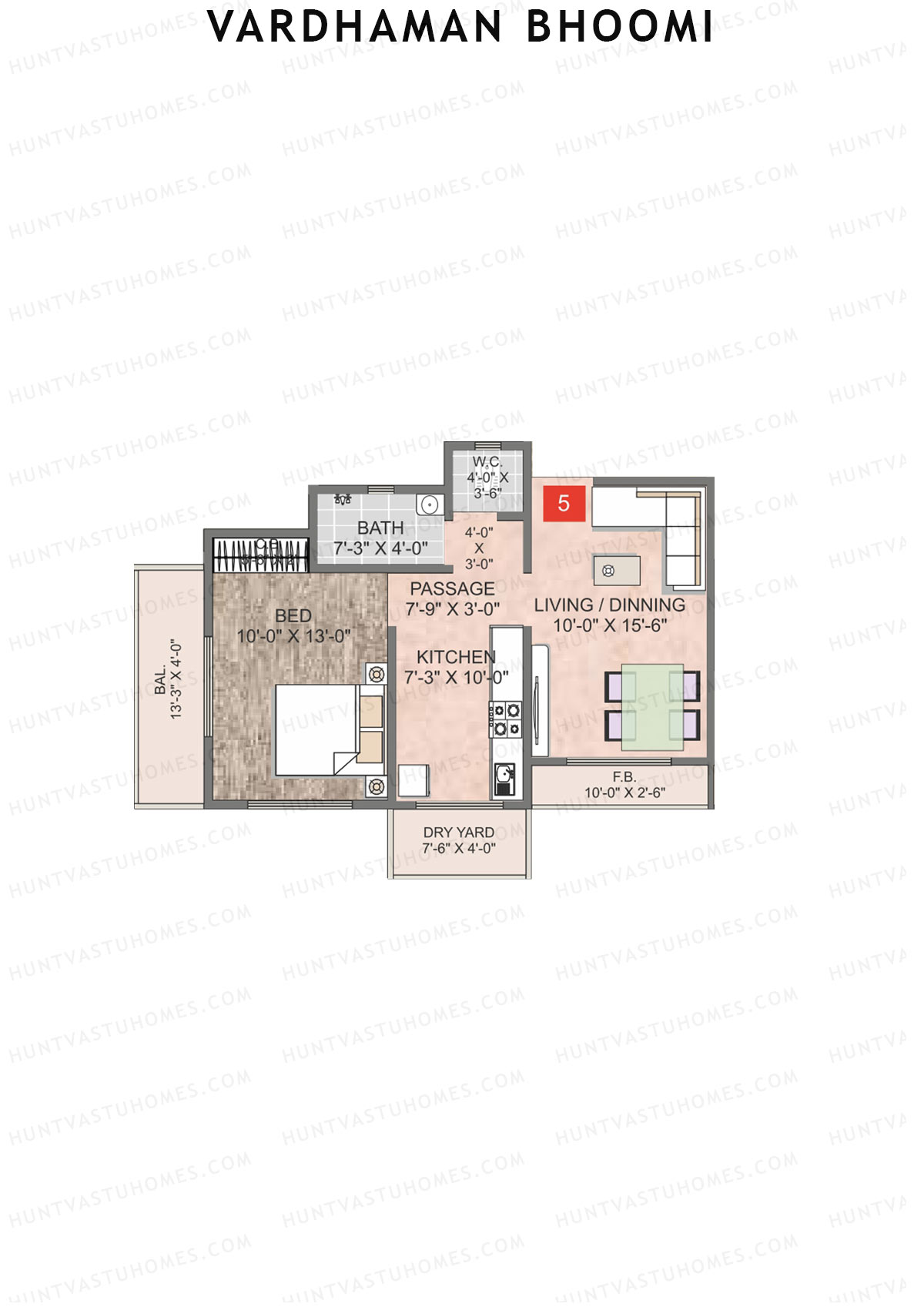 Vardhaman Bhoomi, Wing A, Unit 5, 1BHK, Carpet Area 450   sq ft 