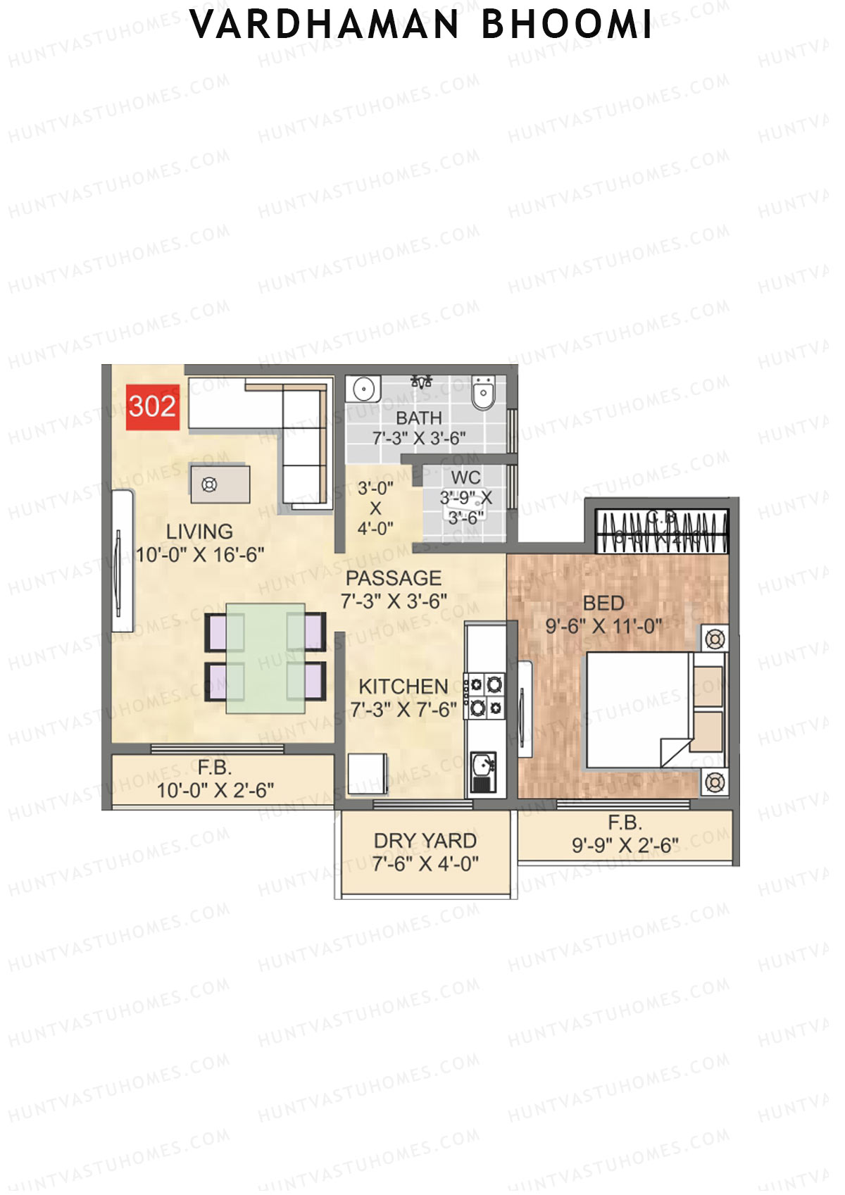 Vardhaman Bhoomi, Wing B, Unit 2, 1BHK, Carpet Area 450   sq ft 