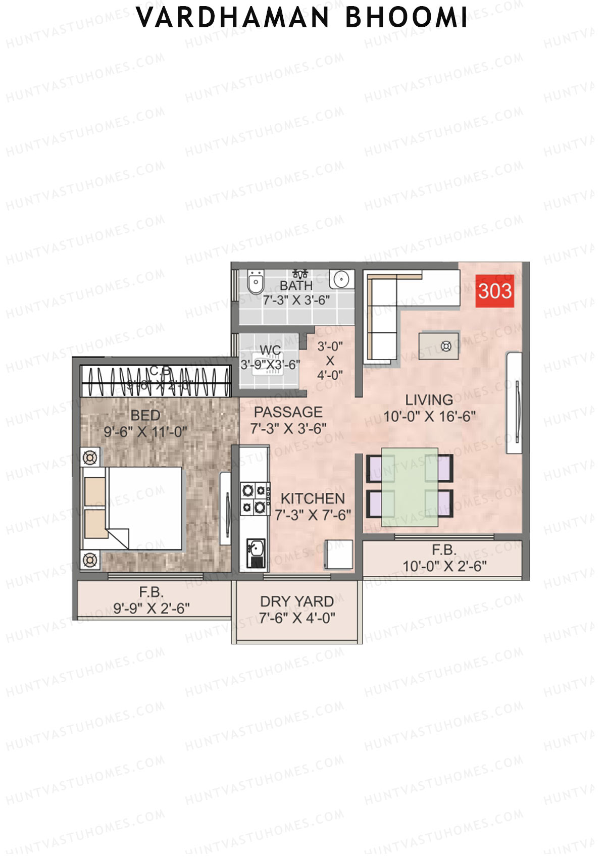 Vardhaman Bhoomi, Wing B, Unit 3, 1BHK, Carpet Area 450   sq ft 