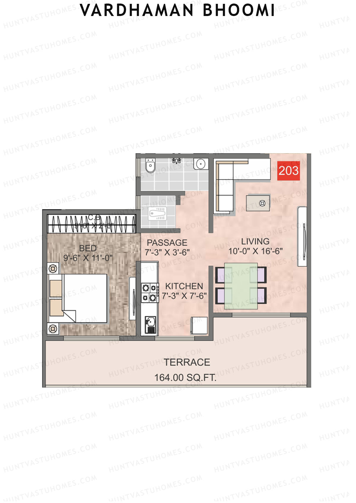 Vardhaman Bhoomi, Wing B, Unit 3, 1BHK, Carpet Area 450   sq ft 