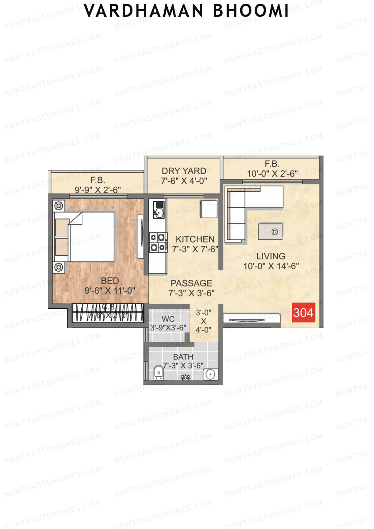 Vardhaman Bhoomi, Wing B, Unit 4, 1BHK, Carpet Area 450   sq ft 