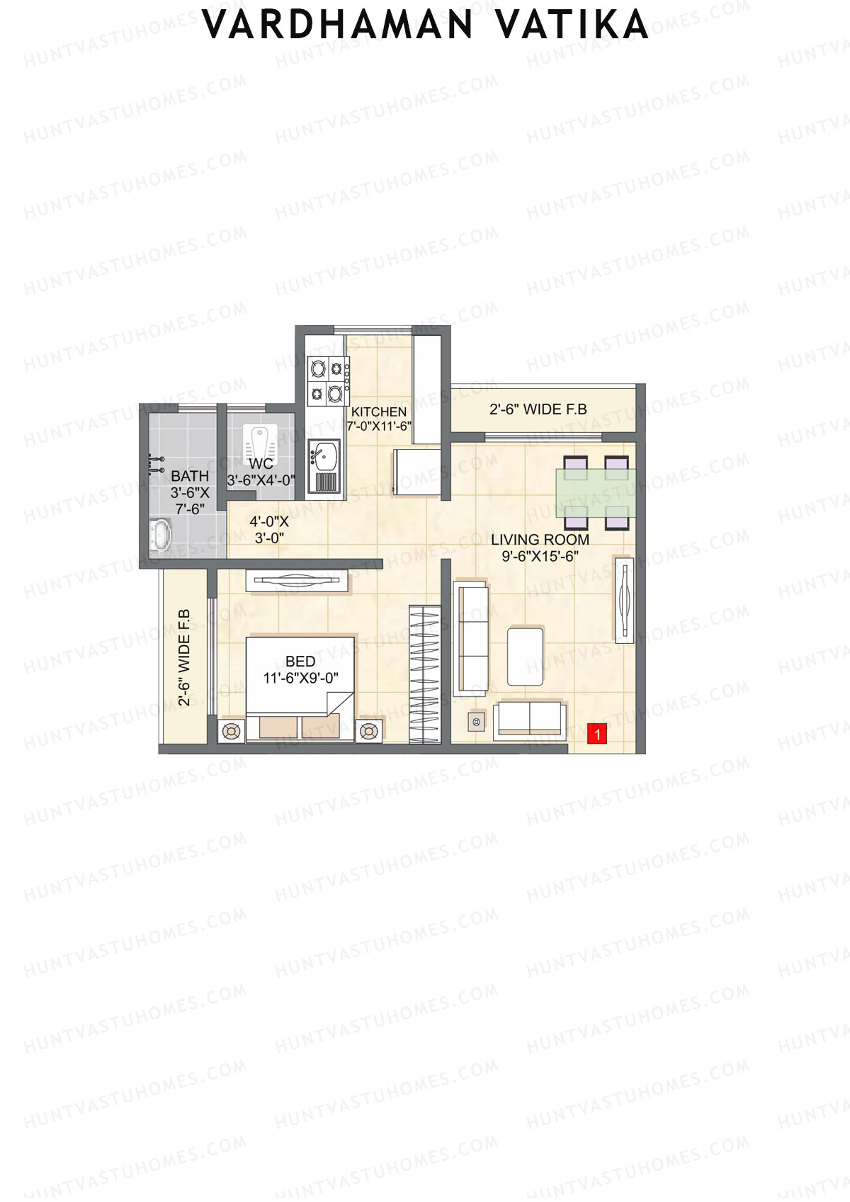 Vardhaman Vatika, Tower A, Unit 1, 1BHK, Carpet Area 352   sq ft 