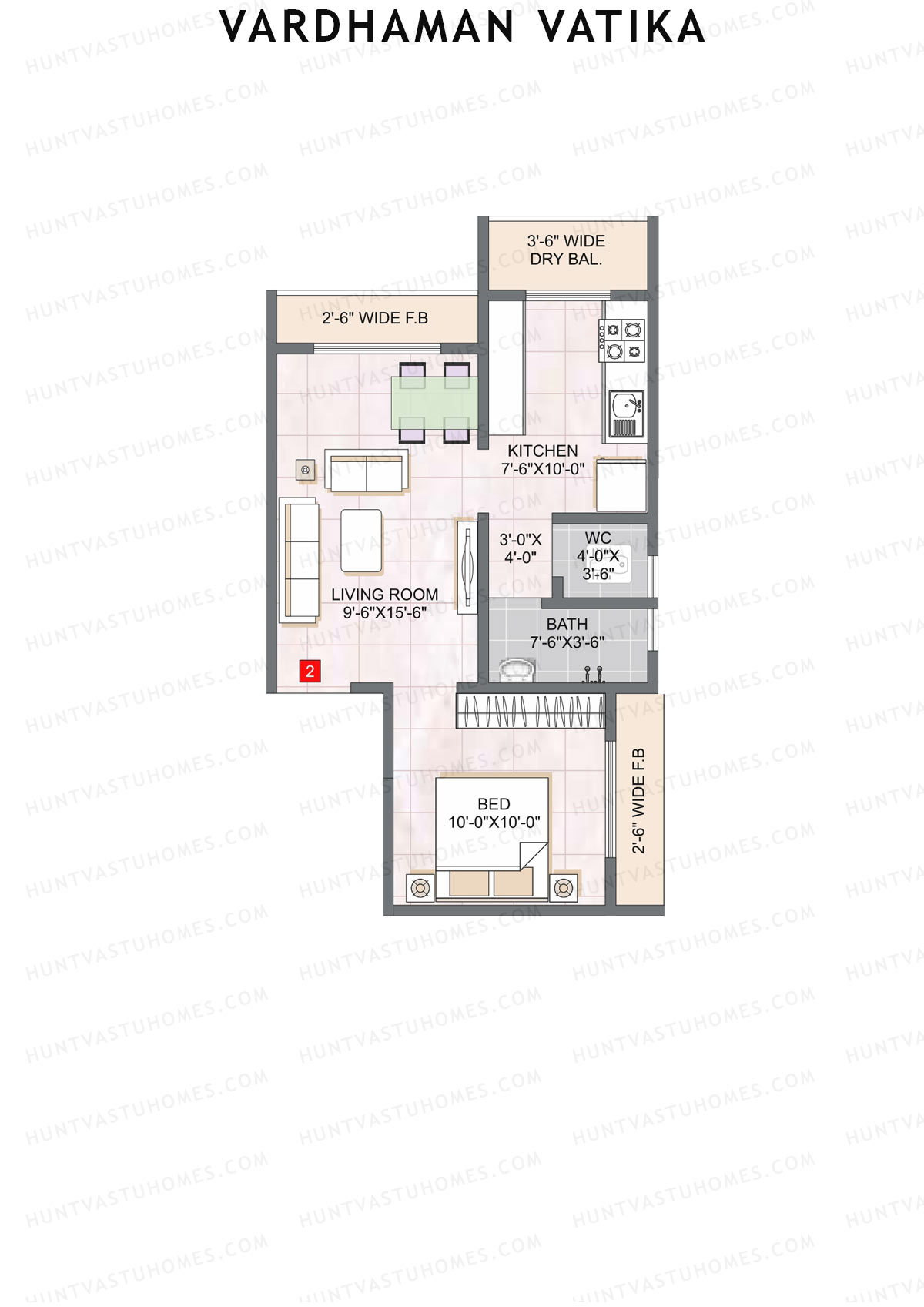 Vardhaman Vatika, Tower A, Unit 2, 1BHK, Carpet Area 371   sq ft 
