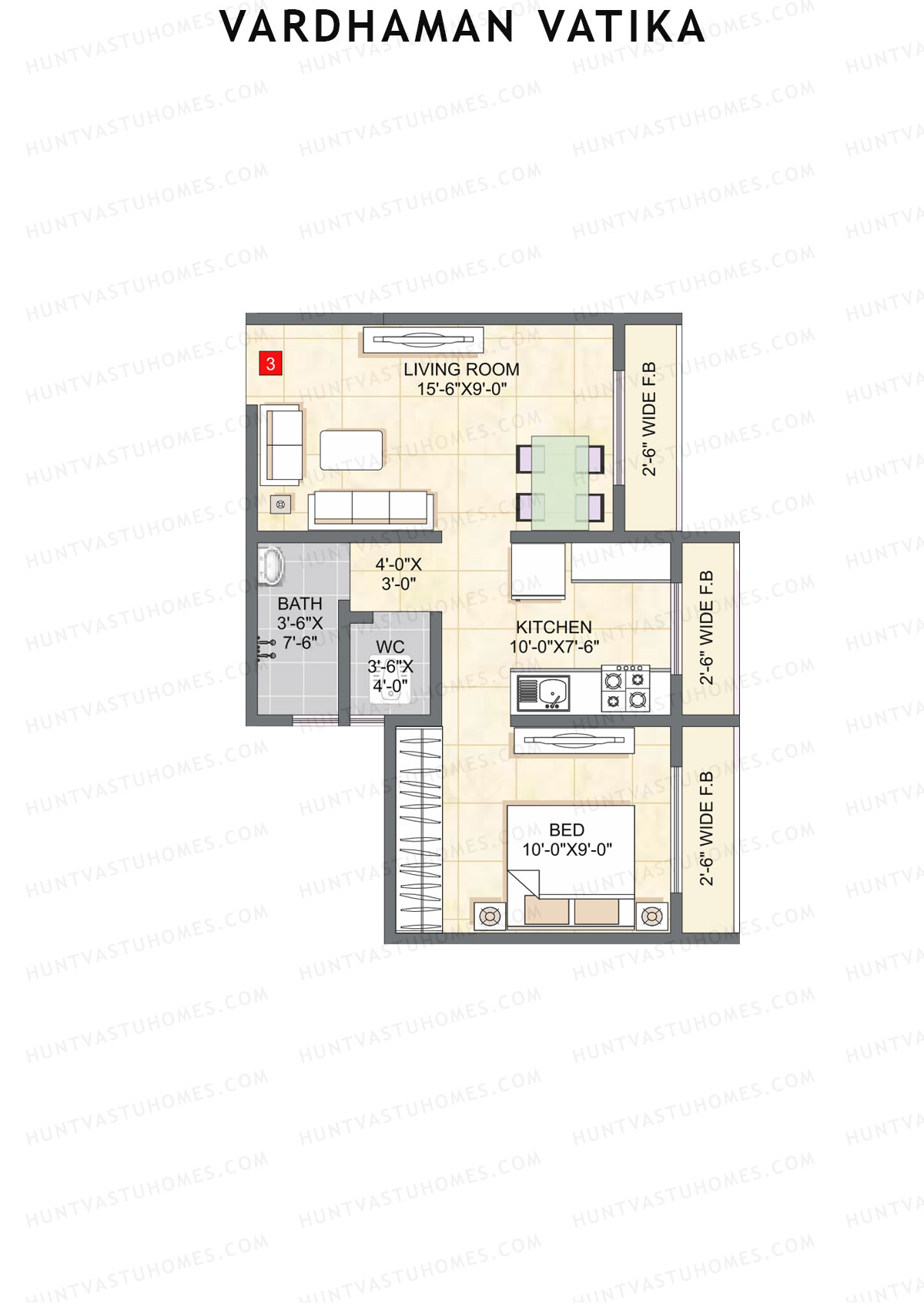 Vardhaman Vatika, Tower A, Unit 3, 1BHK, Carpet Area 328   sq ft 