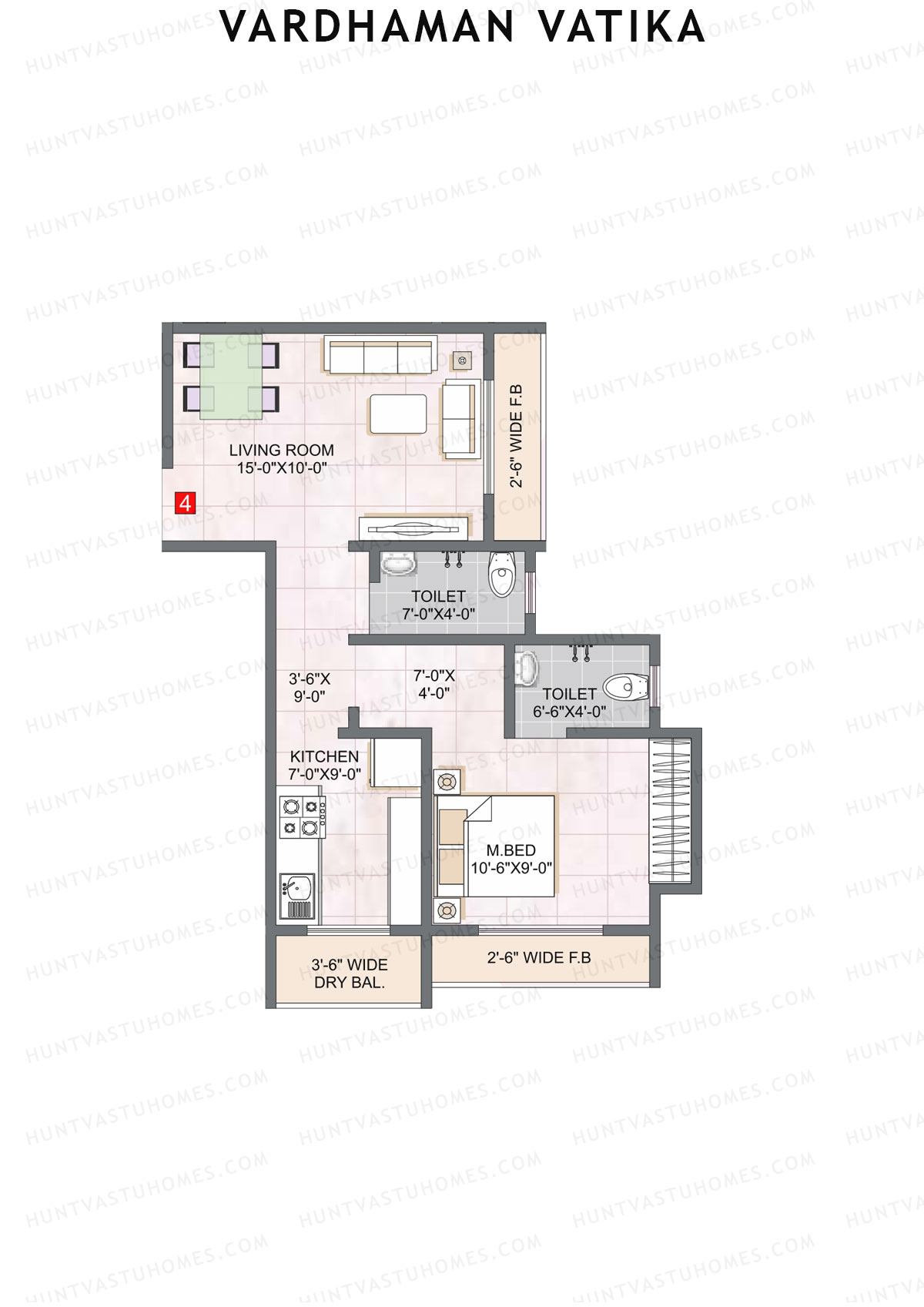 Vardhaman Vatika, Tower A, Unit 4, 1BHK, Carpet Area 437   sq ft 
