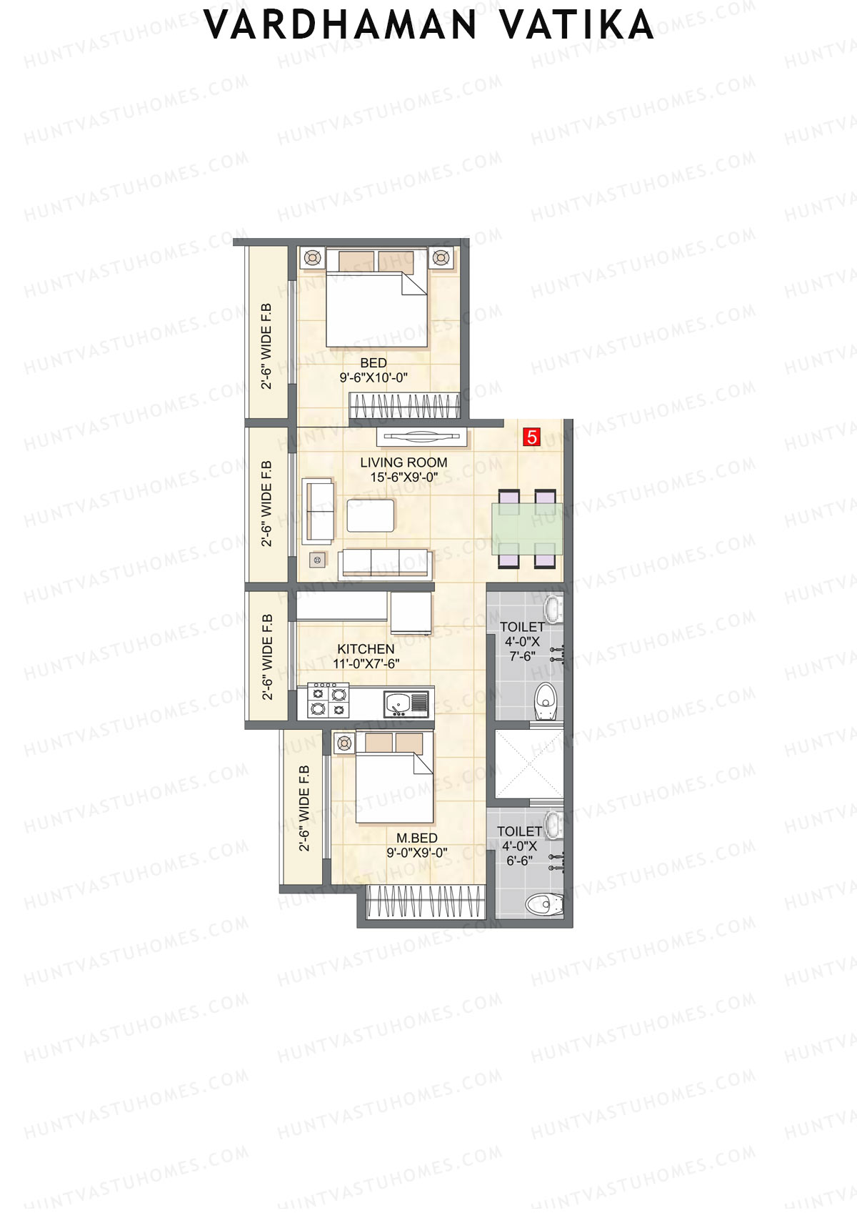 Vardhaman Vatika, Tower A, Unit 5, 2BHK, Carpet Area 443   sq ft 