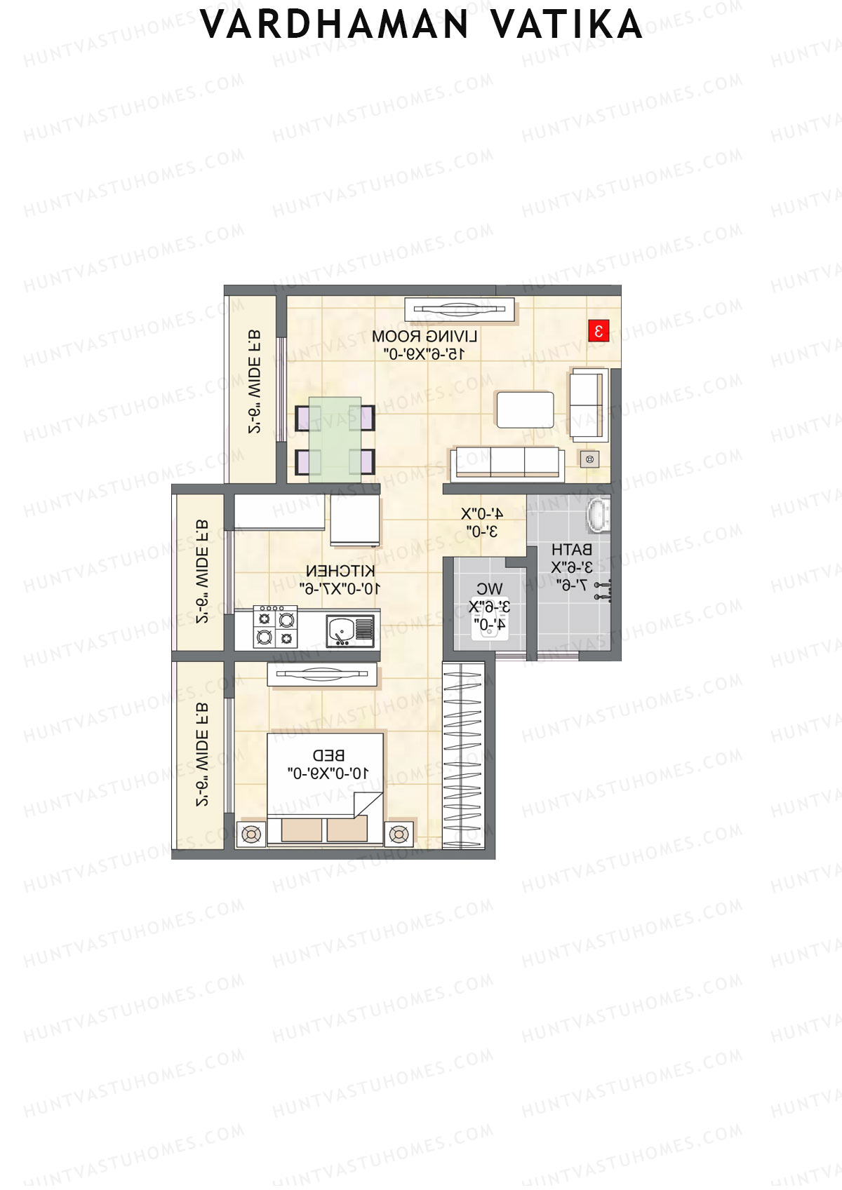 Vardhaman Vatika, Tower A, Unit 6, 1BHK, Carpet Area 328   sq ft 