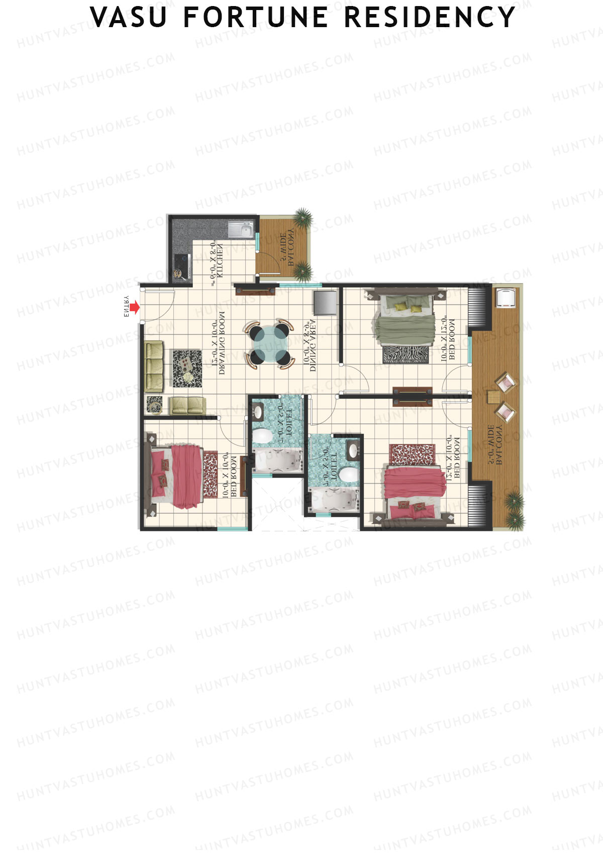 Vasu Fortune Residency, Block I, Unit 3, 3BHK, Super Area 1325   sq ft 