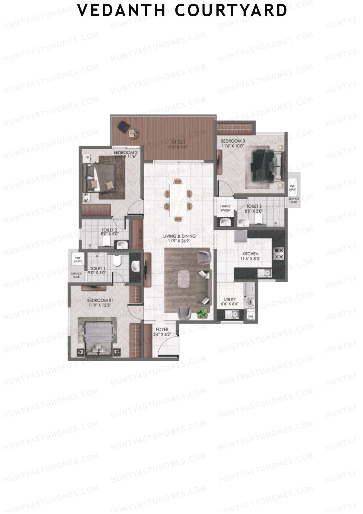 Vedanth Courtyard, Block A, Unit 4 (Type 1), 3BHK, Super Area 1760   sq ft 