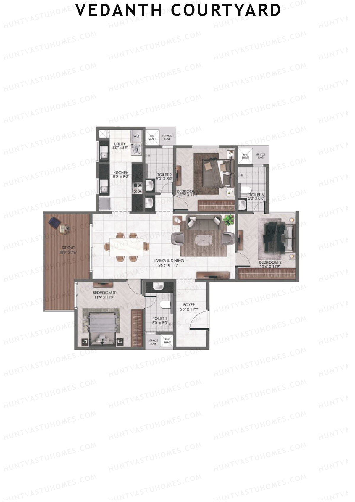 Vedanth Courtyard, Block A, Unit 5 (Type 3), 3BHK, Super Area 1782   sq ft 