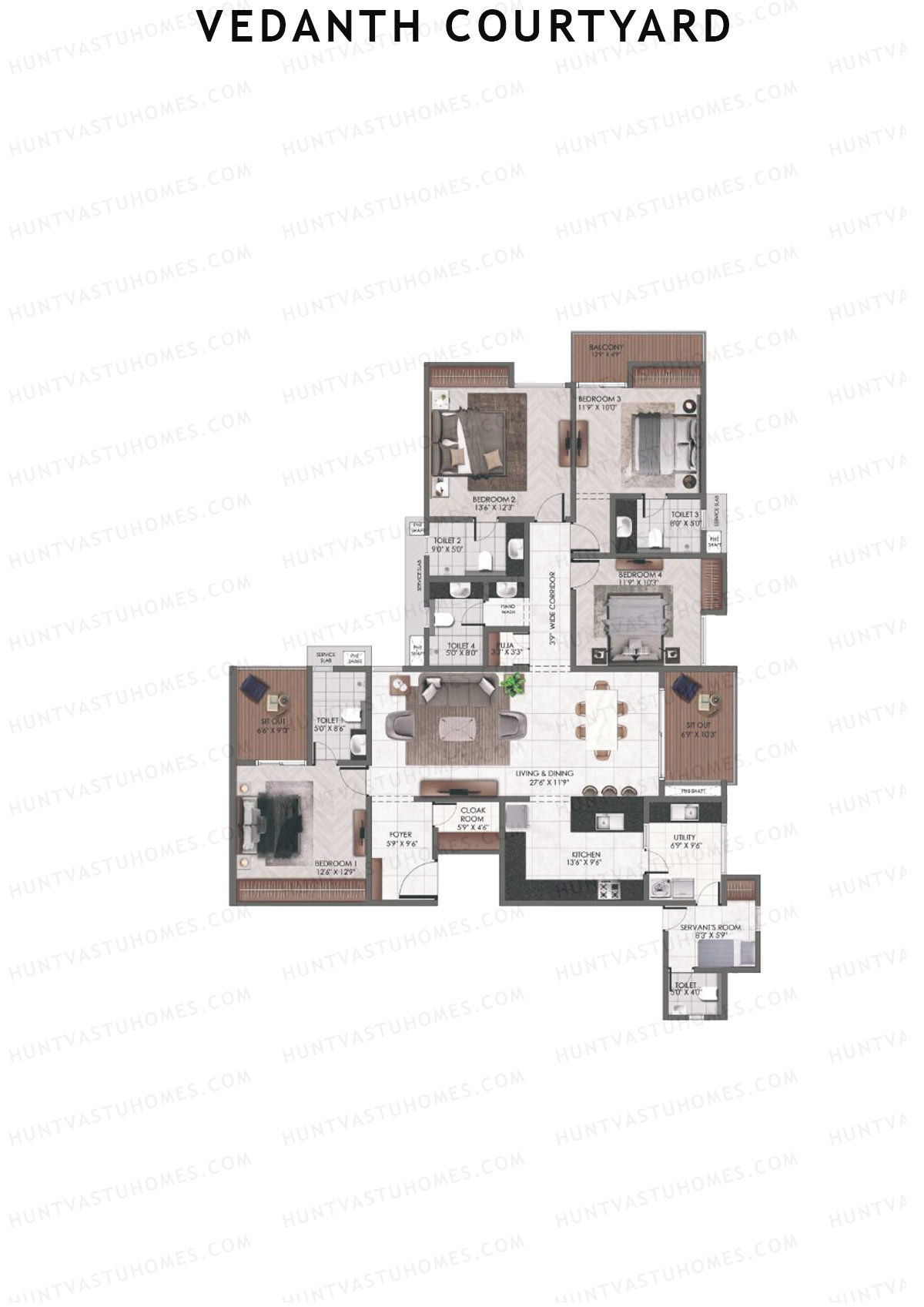 Vedanth Courtyard, Block B, Unit 1 (Type 1), 4BHK, Super Area 2674   sq ft 