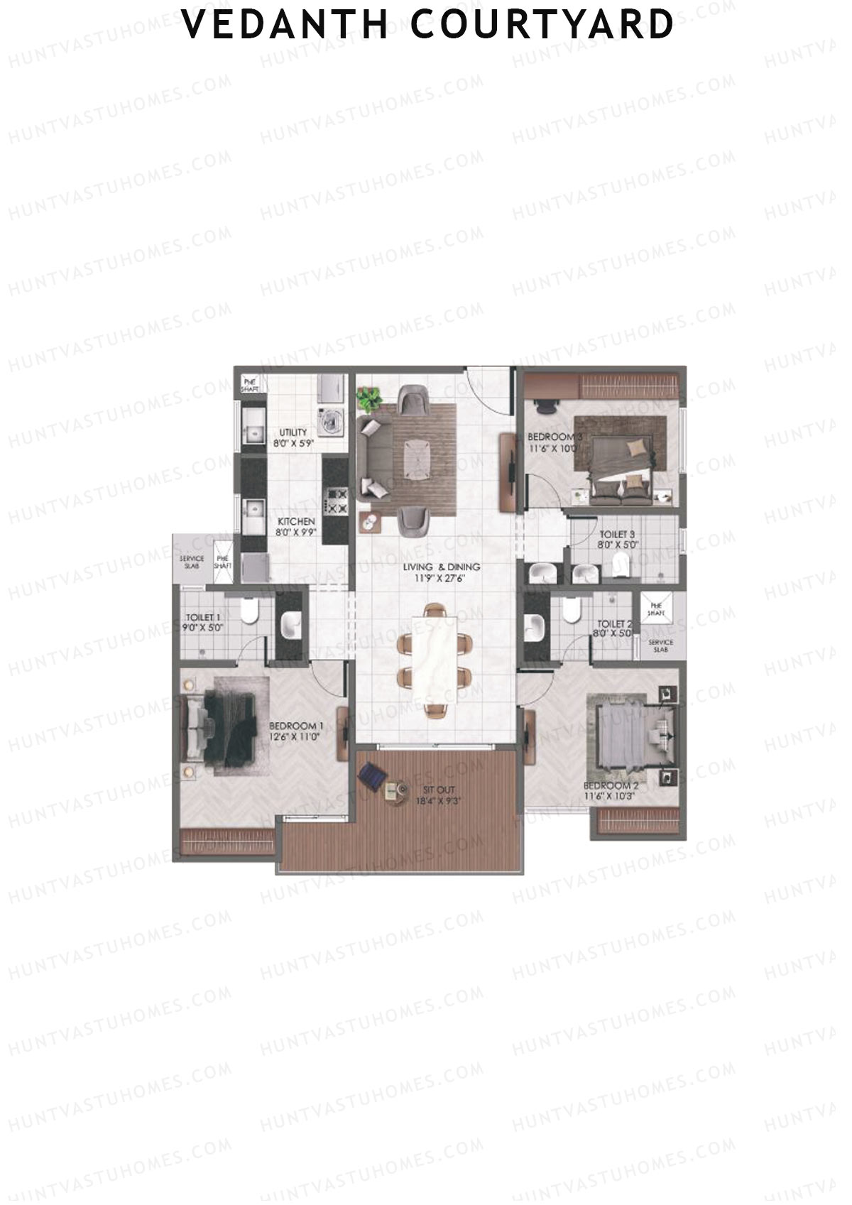 Vedanth Courtyard, Block B, Unit 3 (Type 2), 3BHK, Super Area 1745   sq ft 