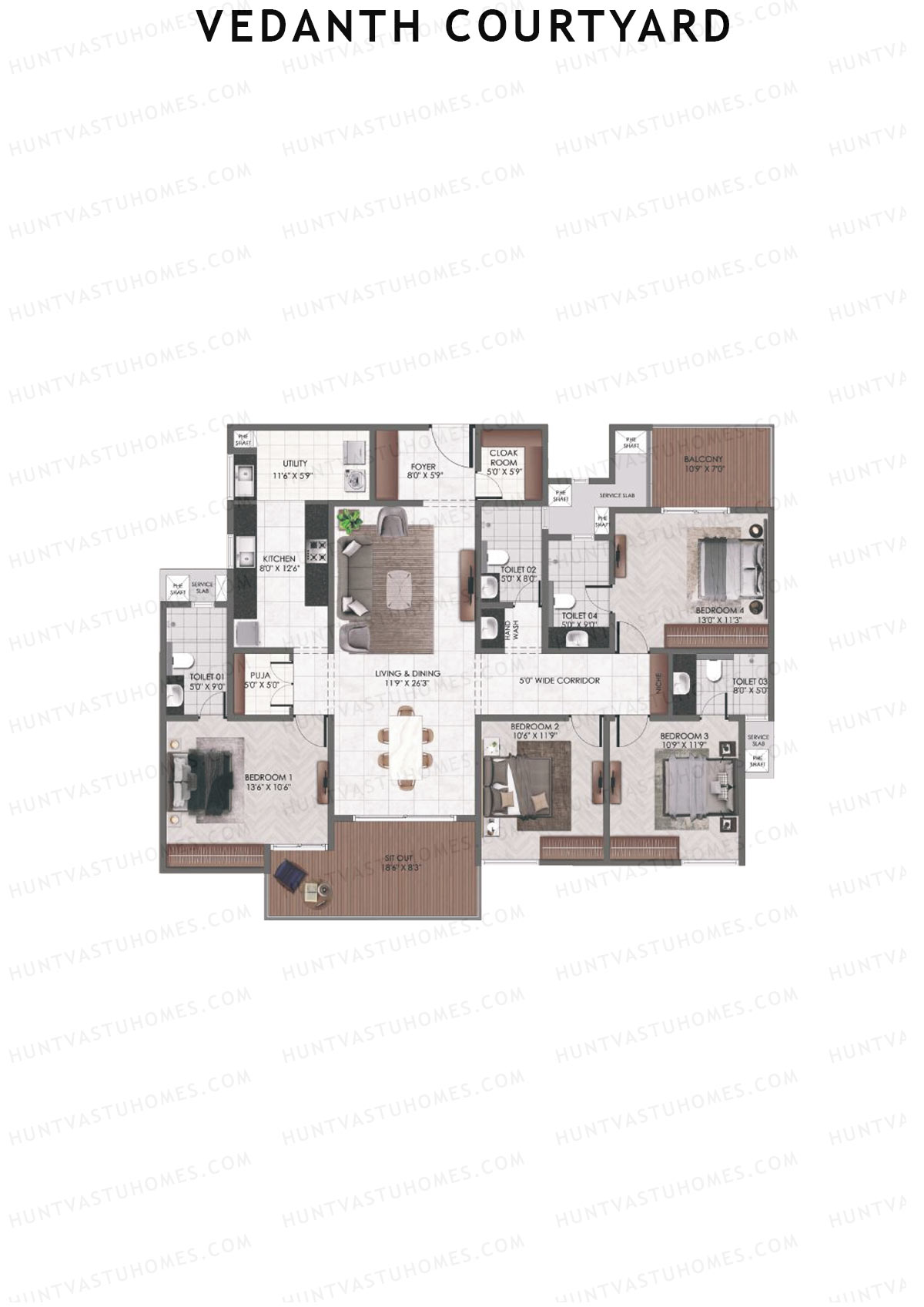 Vedanth Courtyard, Block B, Unit 5 (Type 2), 4BHK, Super Area 2485   sq ft 
