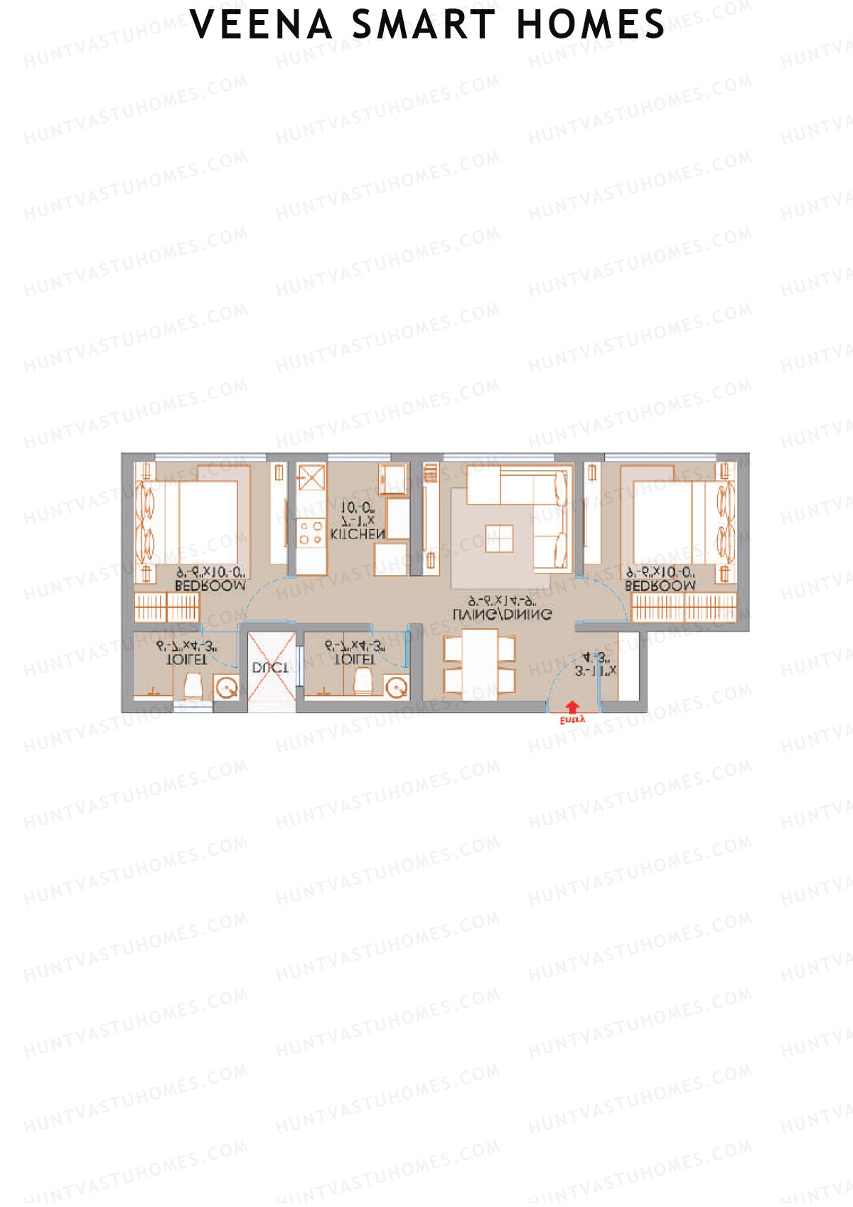 Veena Smart Homes, Wing A, Unit 2, 2BHK, Carpet Area 505   sq ft 