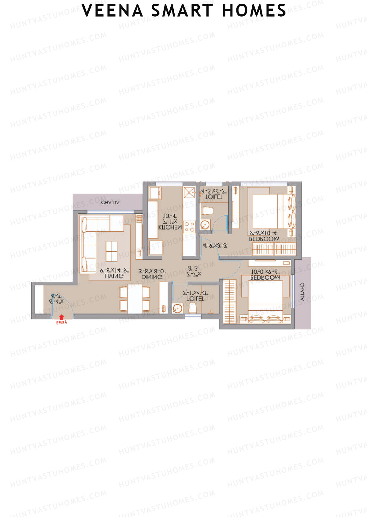 Veena Smart Homes, Wing A, Unit 3, 2BHK, Carpet Area 601   sq ft 