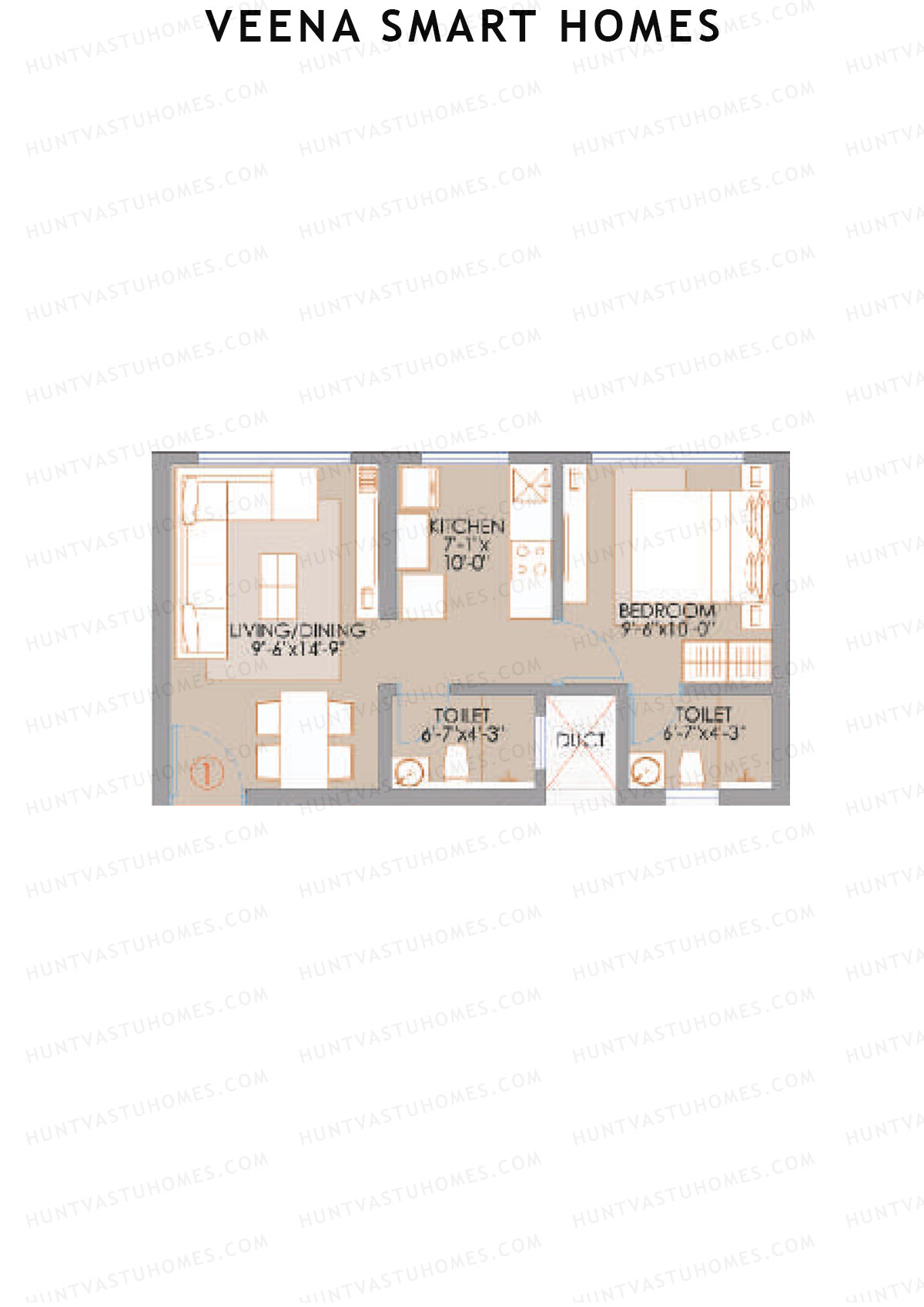 Veena Smart Homes, Wing B, Unit 3, 1BHK, Carpet Area 387   sq ft 