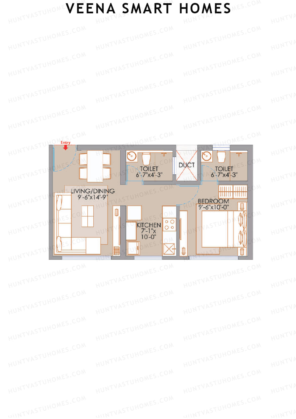 Veena Smart Homes, Wing D, Unit 2, 1BHK, Carpet Area 393   sq ft 