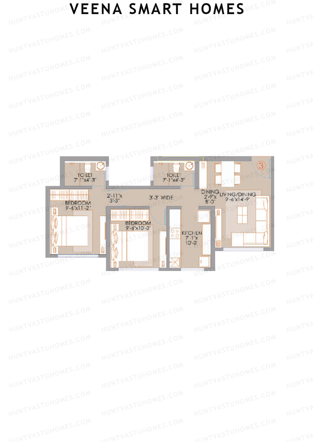 Veena Smart Homes, Wing D, Unit 3, 2BHK, Carpet Area 588   sq ft 