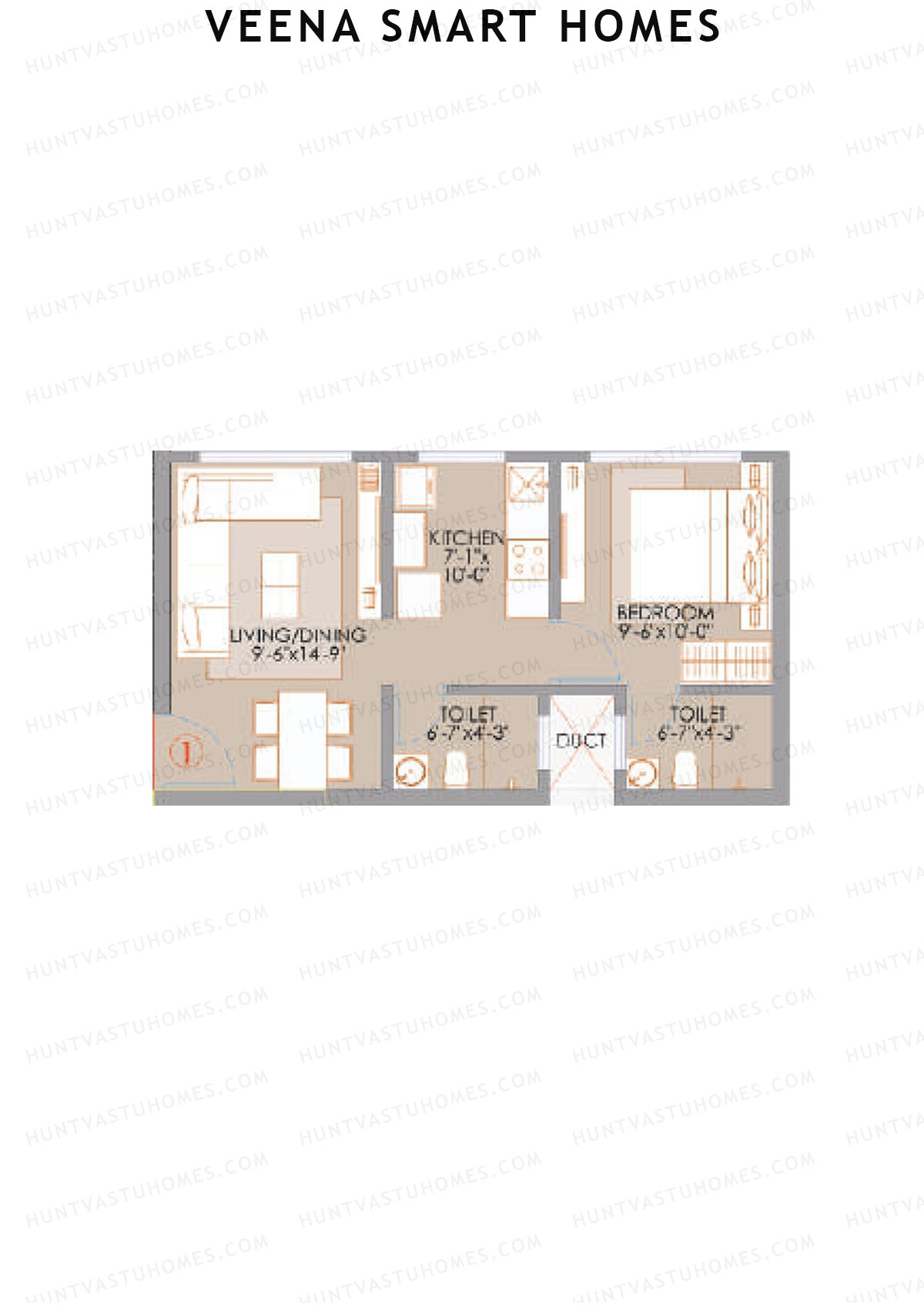 Veena Smart Homes, Wing E, Unit 1, 1BHK, Carpet Area 391   sq ft 