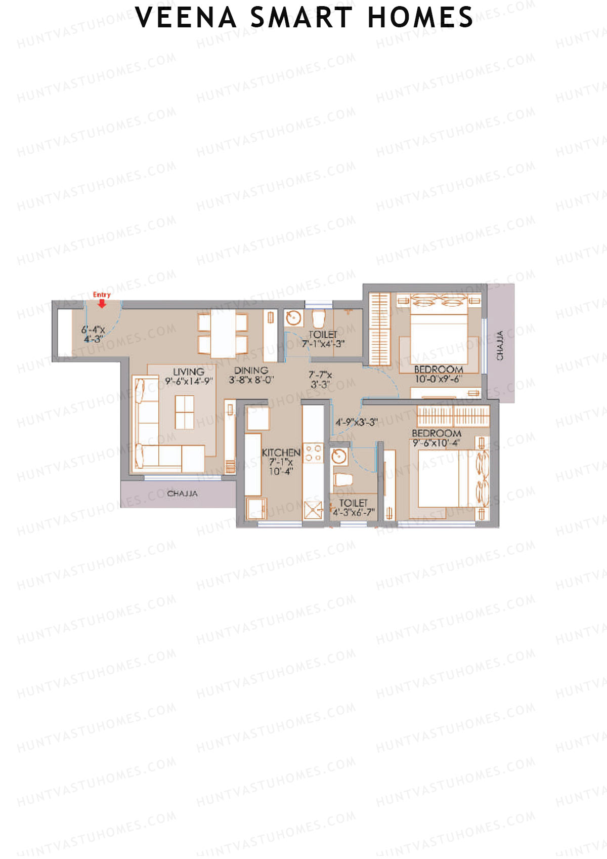 Veena Smart Homes, Wing E, Unit 2, 2BHK, Carpet Area 615   sq ft 