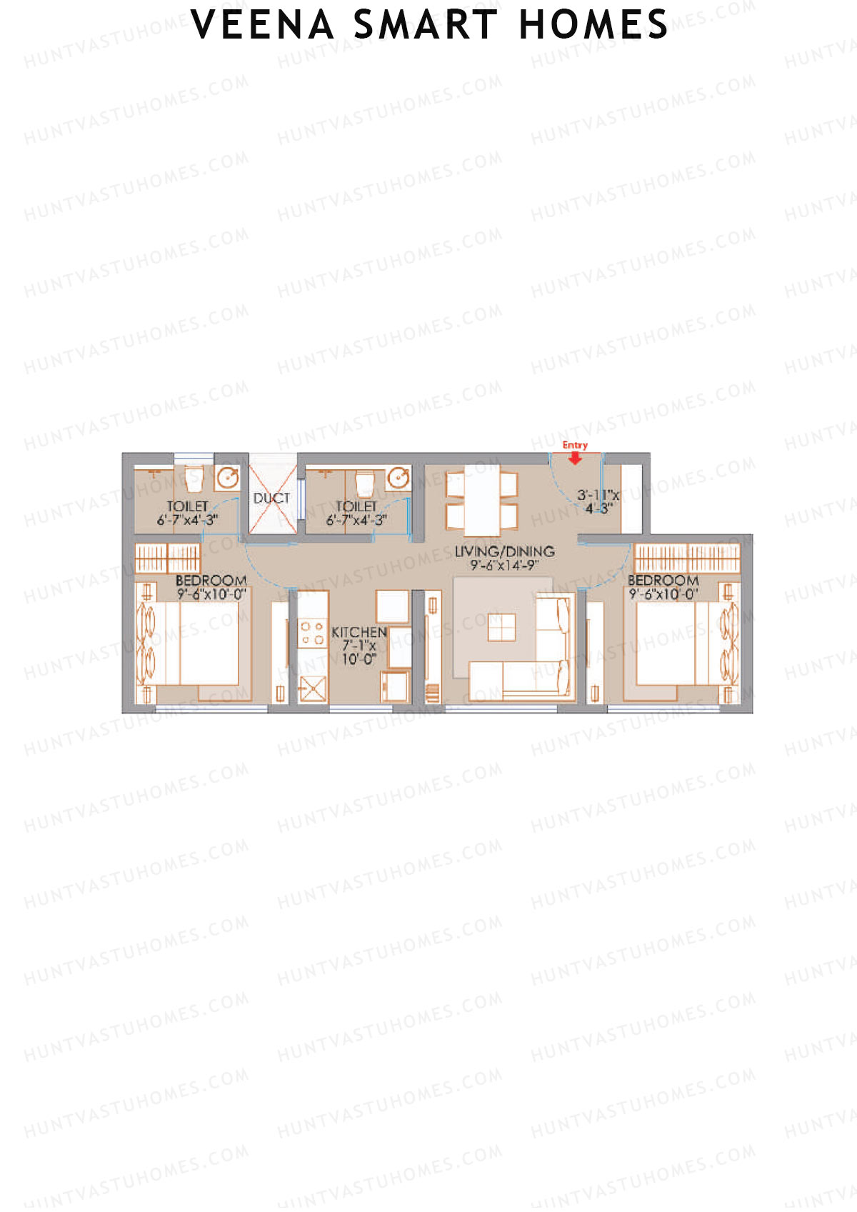 Veena Smart Homes, Wing E, Unit 3, 2BHK, Carpet Area 513   sq ft 