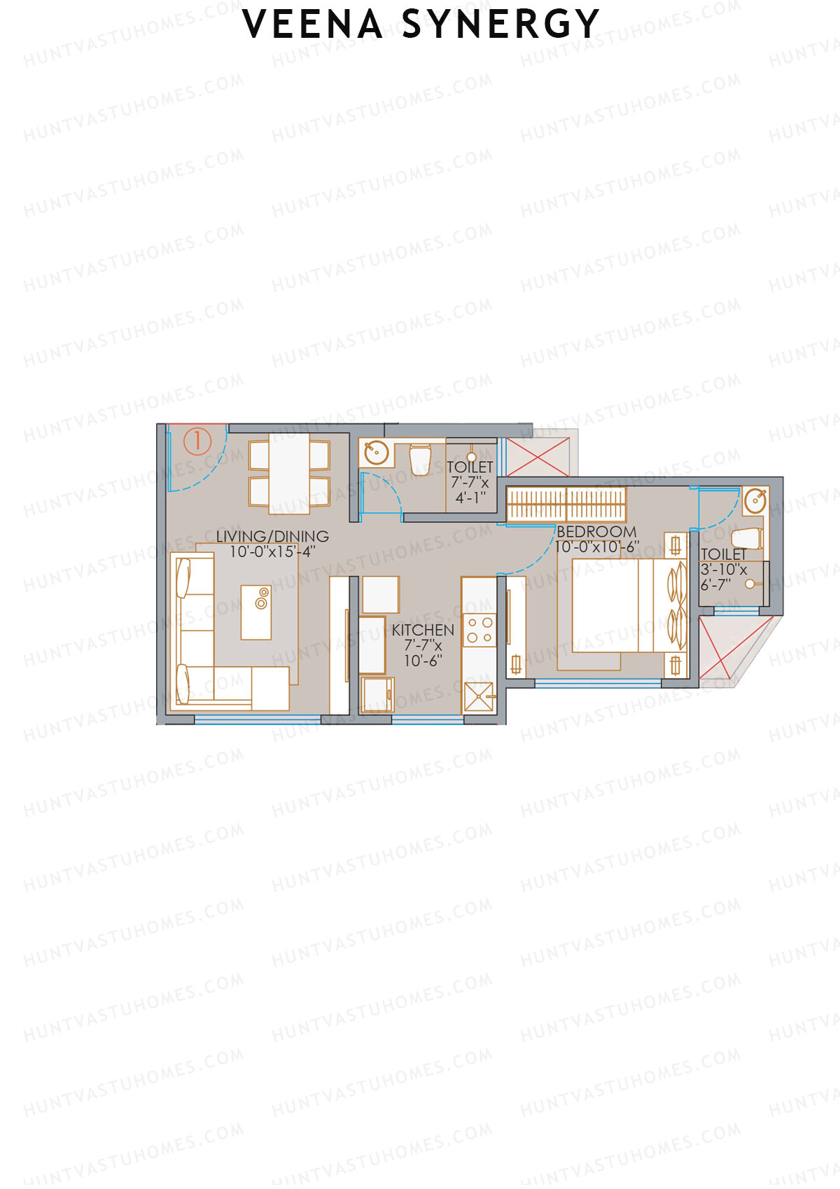 Veena Synergy, Wing A, Unit 1, 1BHK, Carpet Area 415   sq ft 