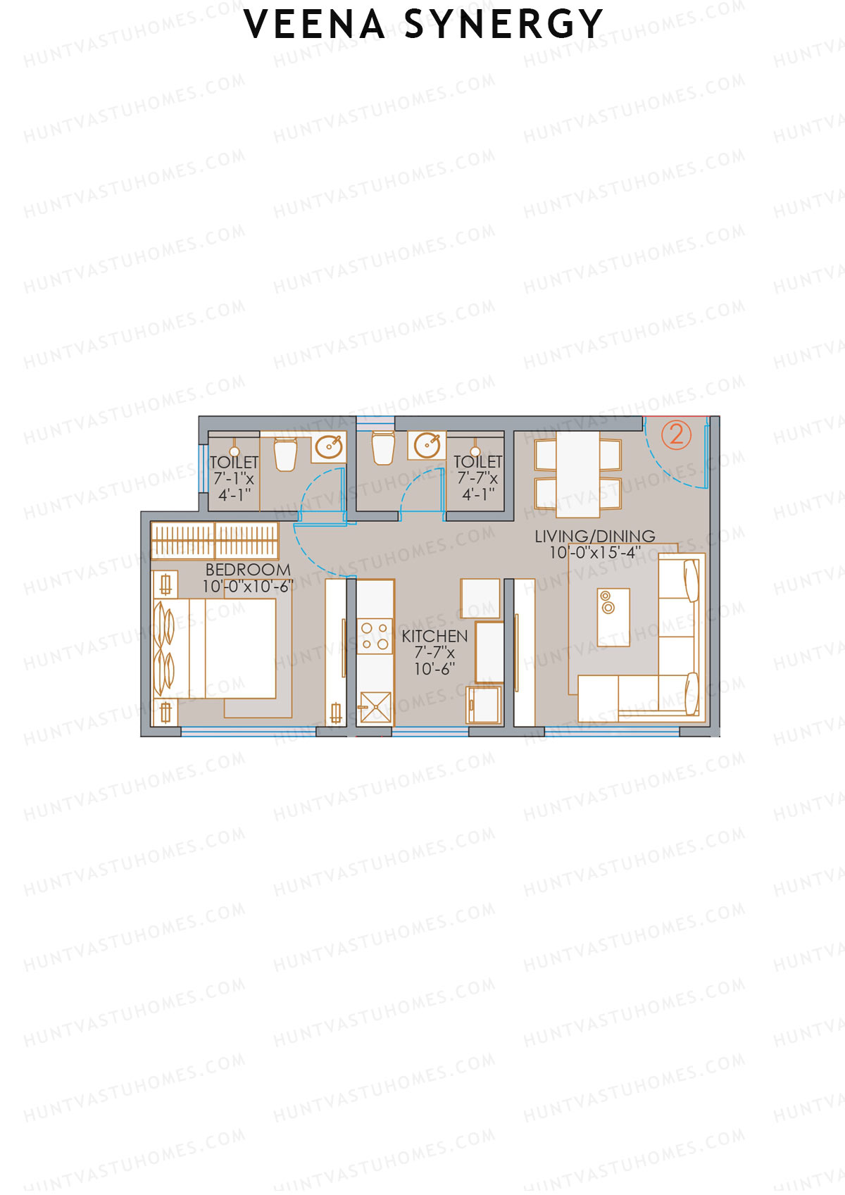 Veena Synergy, Wing A, Unit 2, 1BHK, Carpet Area 424   sq ft 
