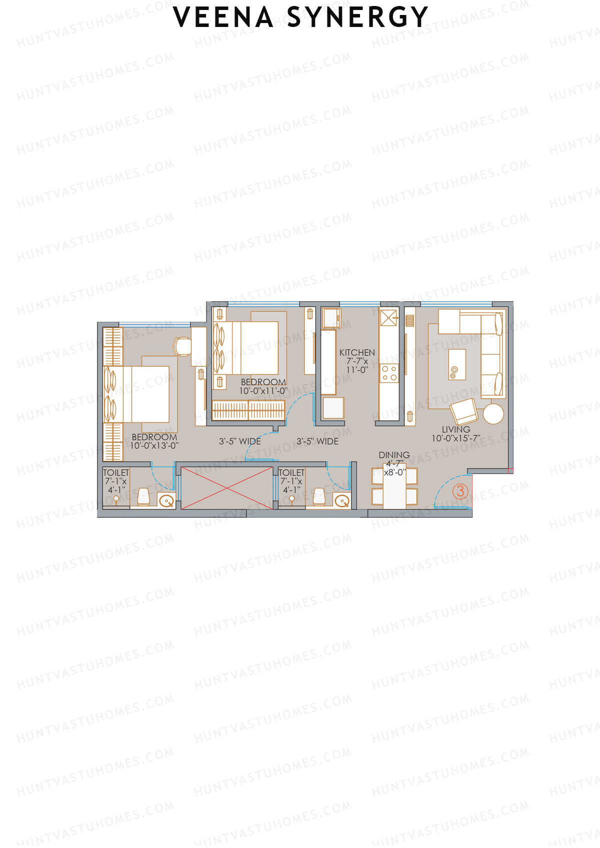 Veena Synergy, Wing A, Unit 3, 2BHK, Carpet Area 699   sq ft 