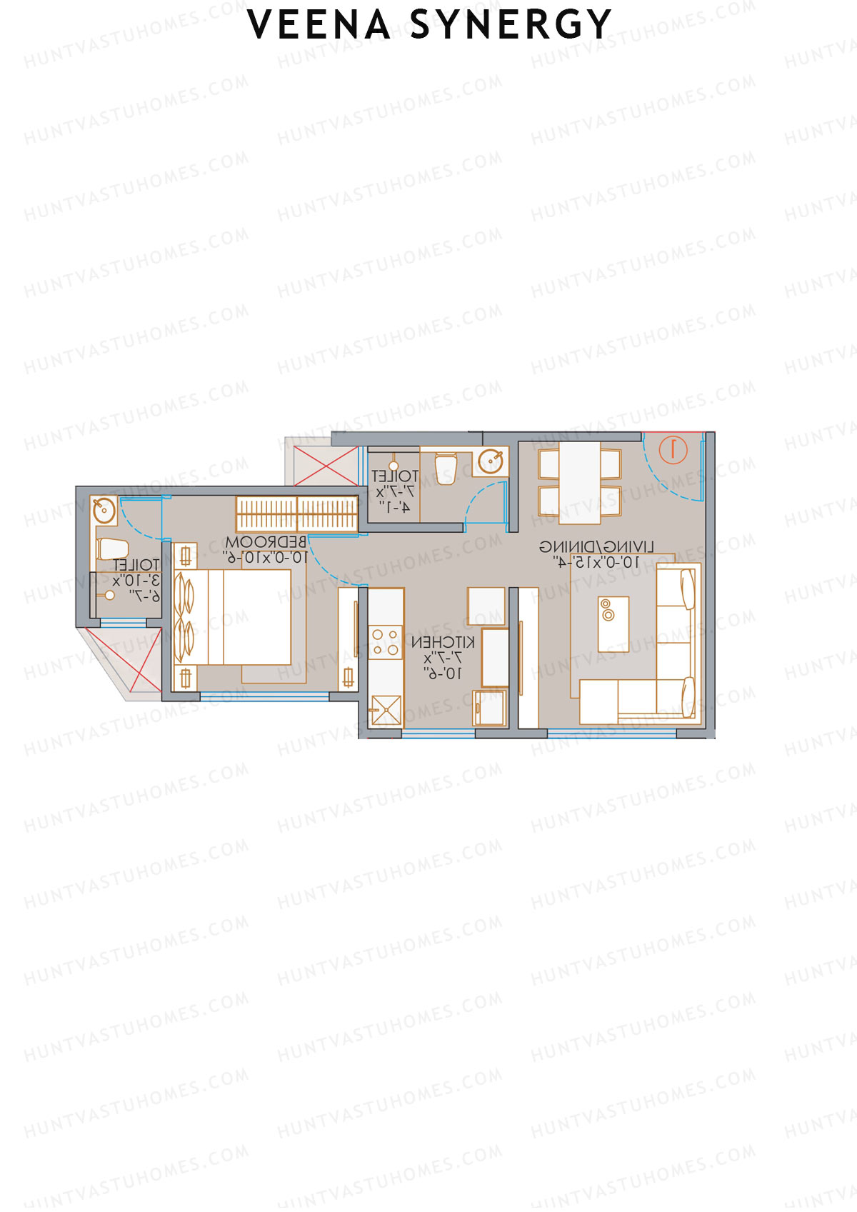 Veena Synergy, Wing C, Unit 2, 1BHK, Carpet Area 415   sq ft 