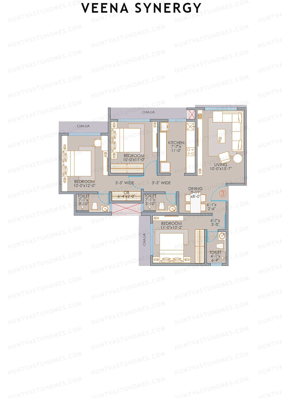 Veena Synergy, Wing C, Unit 3, 3BHK, Carpet Area 879   sq ft 