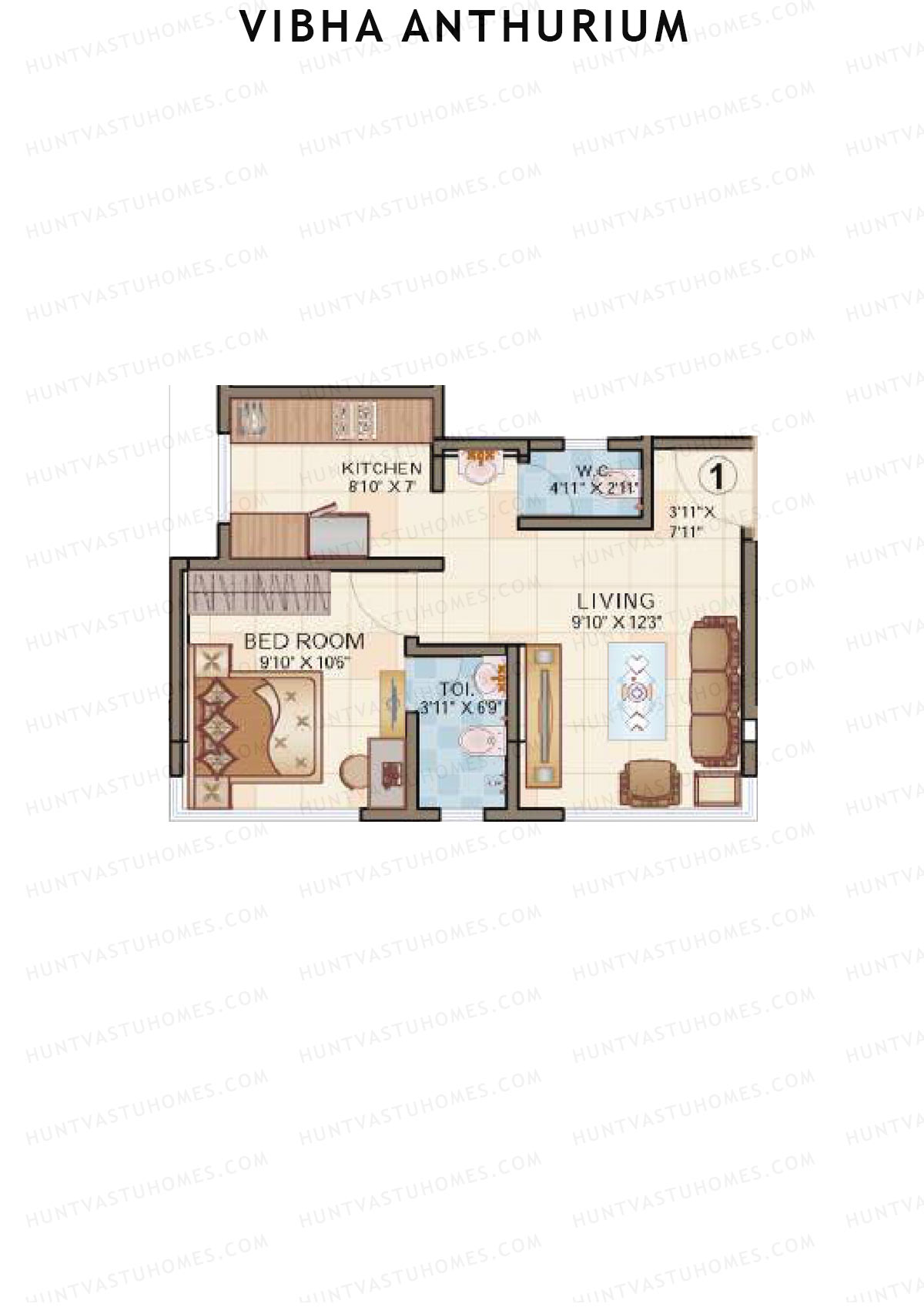 Vibha Anthurium, Tower A, Unit 1, 1BHK, Carpet Area 397   sq ft 