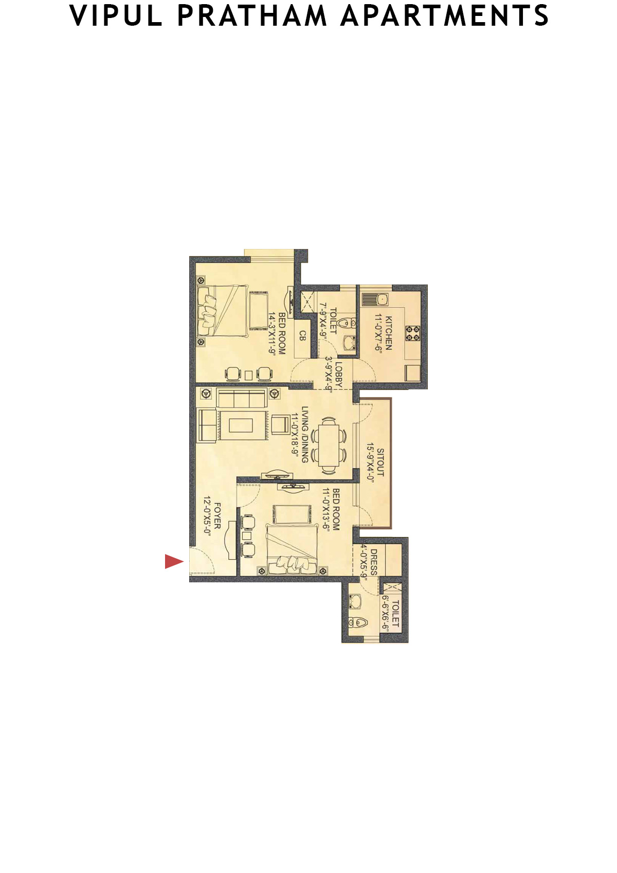 Vipul Pratham Apartments Tower 2 Unit 2 (Type E) Floor Plan