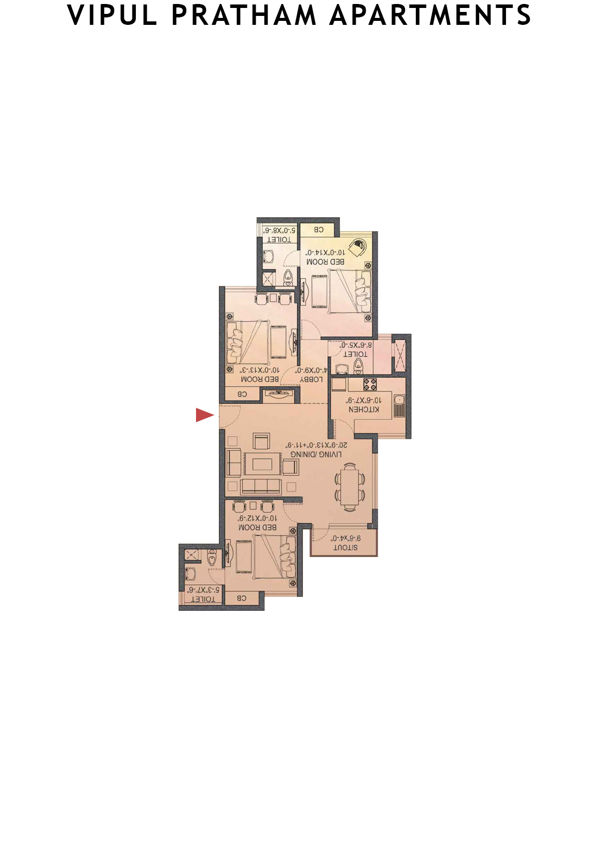 Vipul Pratham Apartments Tower 3 Unit 2 (Type G) Floor Plan