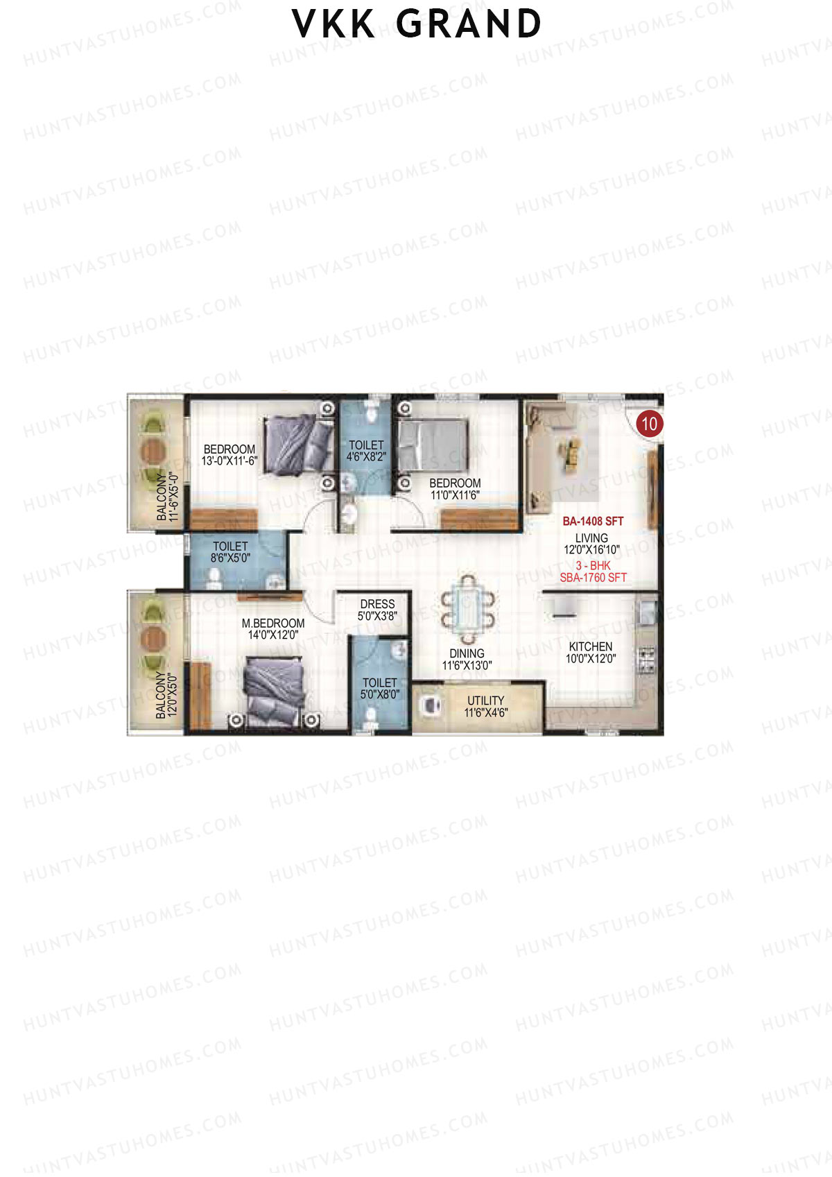 VKK Grand, Block A, Unit 10, 3BHK, Super Area 1408   sq ft 