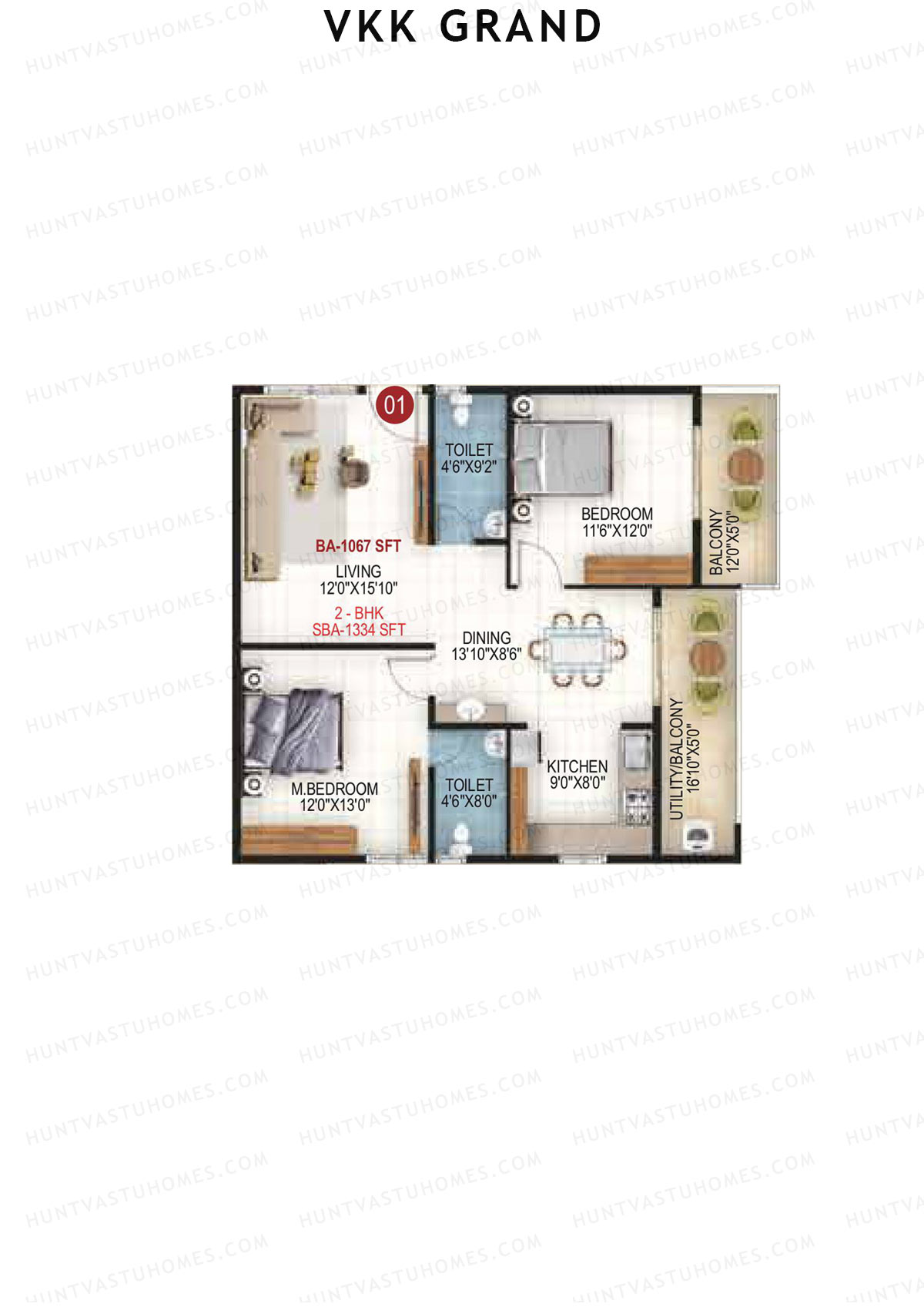 VKK Grand, Block A, Unit 1, 2BHK, Super Area 1334   sq ft 