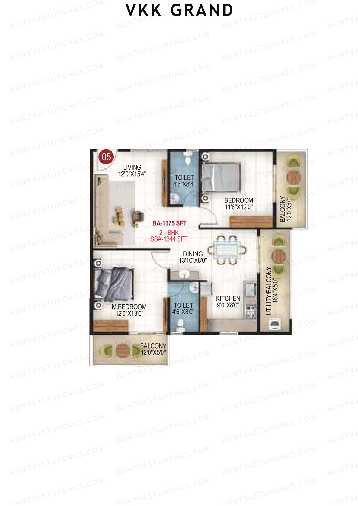 VKK Grand, Block A, Unit 5, 2BHK, Super Area 1344   sq ft 