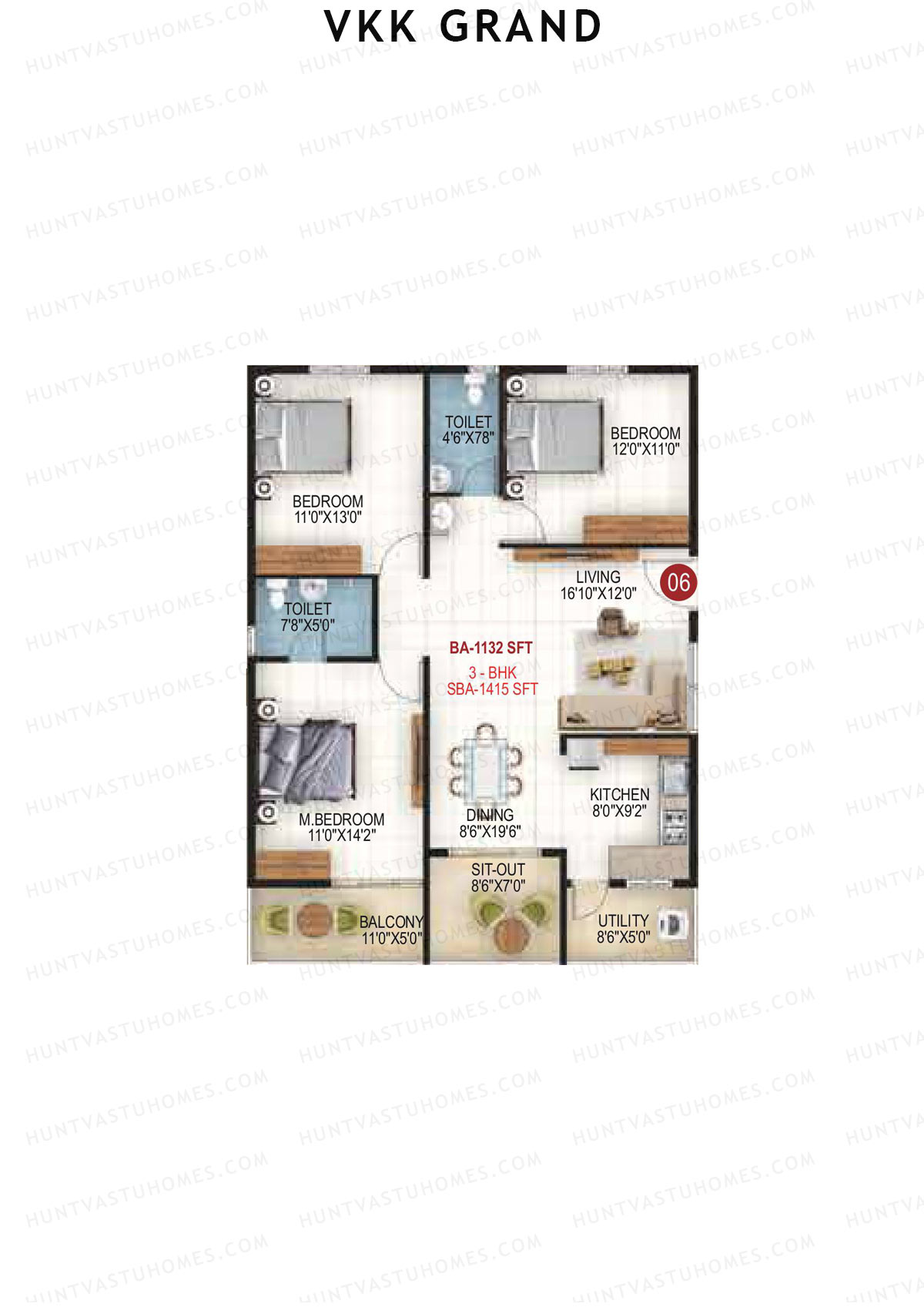 VKK Grand, Block A, Unit 6, 3BHK, Super Area 1415   sq ft 