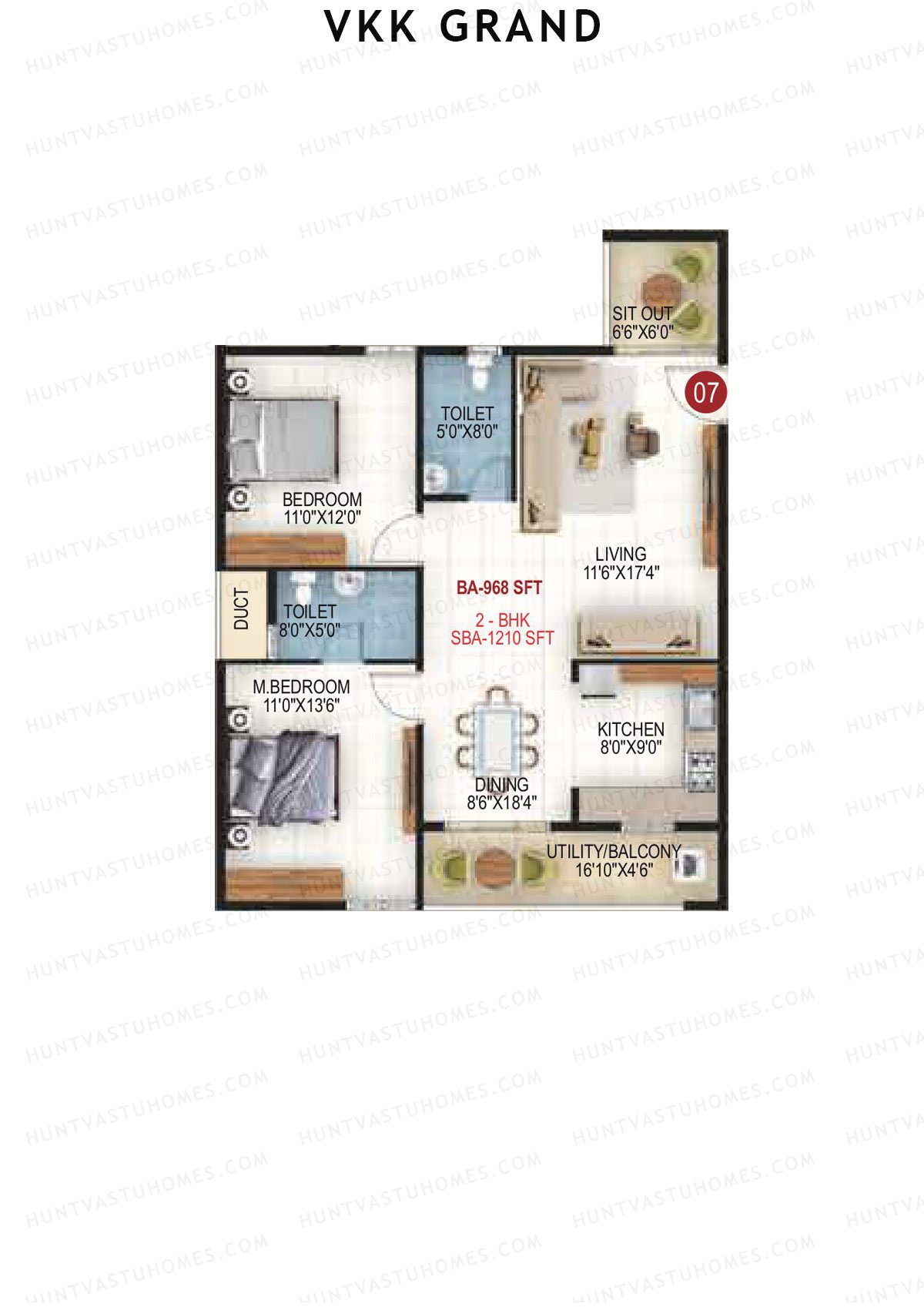 VKK Grand, Block A, Unit 7, 2BHK, Super Area 1210   sq ft 