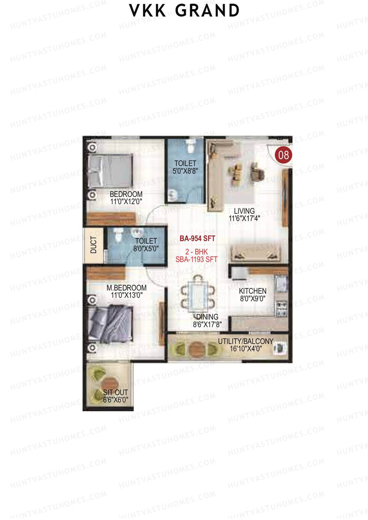 VKK Grand, Block A, Unit 8, 2BHK, Super Area 1193   sq ft 