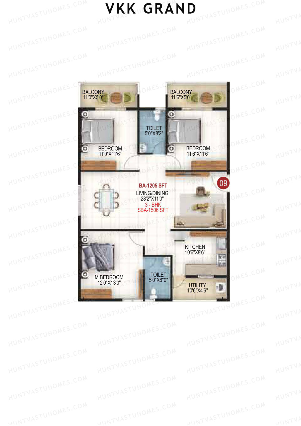 VKK Grand, Block A, Unit 9, 3BHK, Super Area 1506   sq ft 