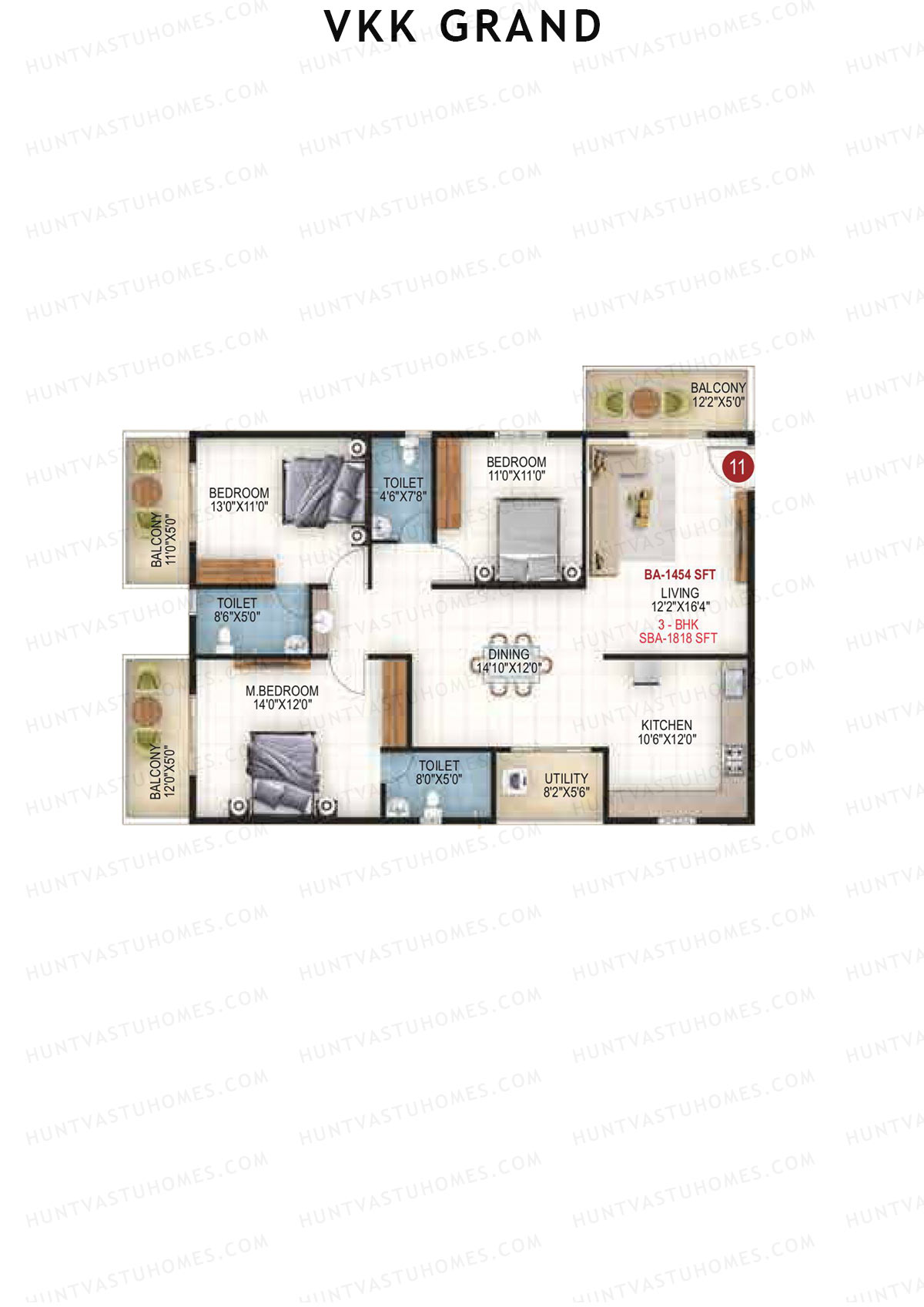 VKK Grand, Block B, Unit 11, 3BHK, Super Area 1818   sq ft 