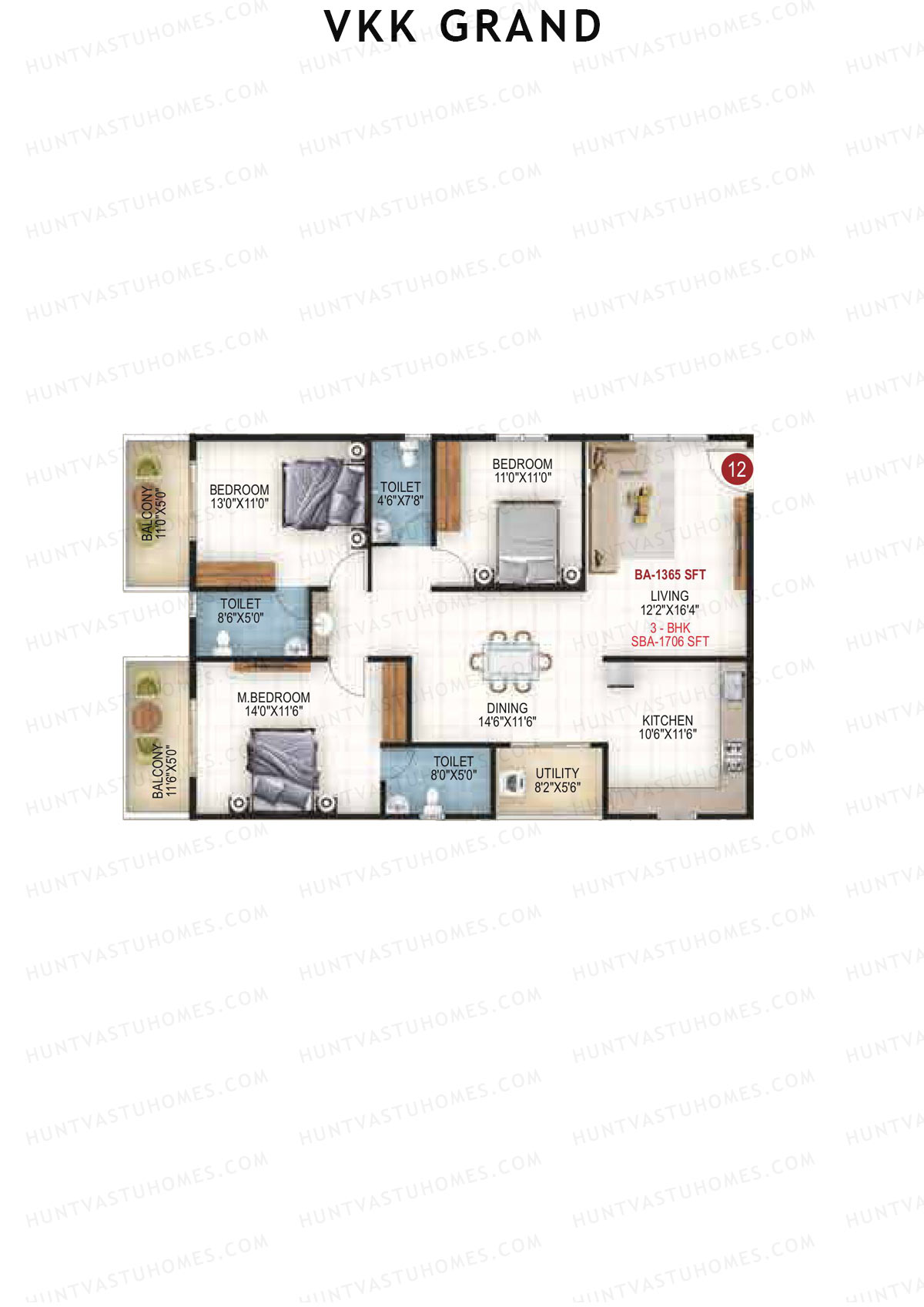 VKK Grand, Block B, Unit 12, 3BHK, Super Area 1706   sq ft 
