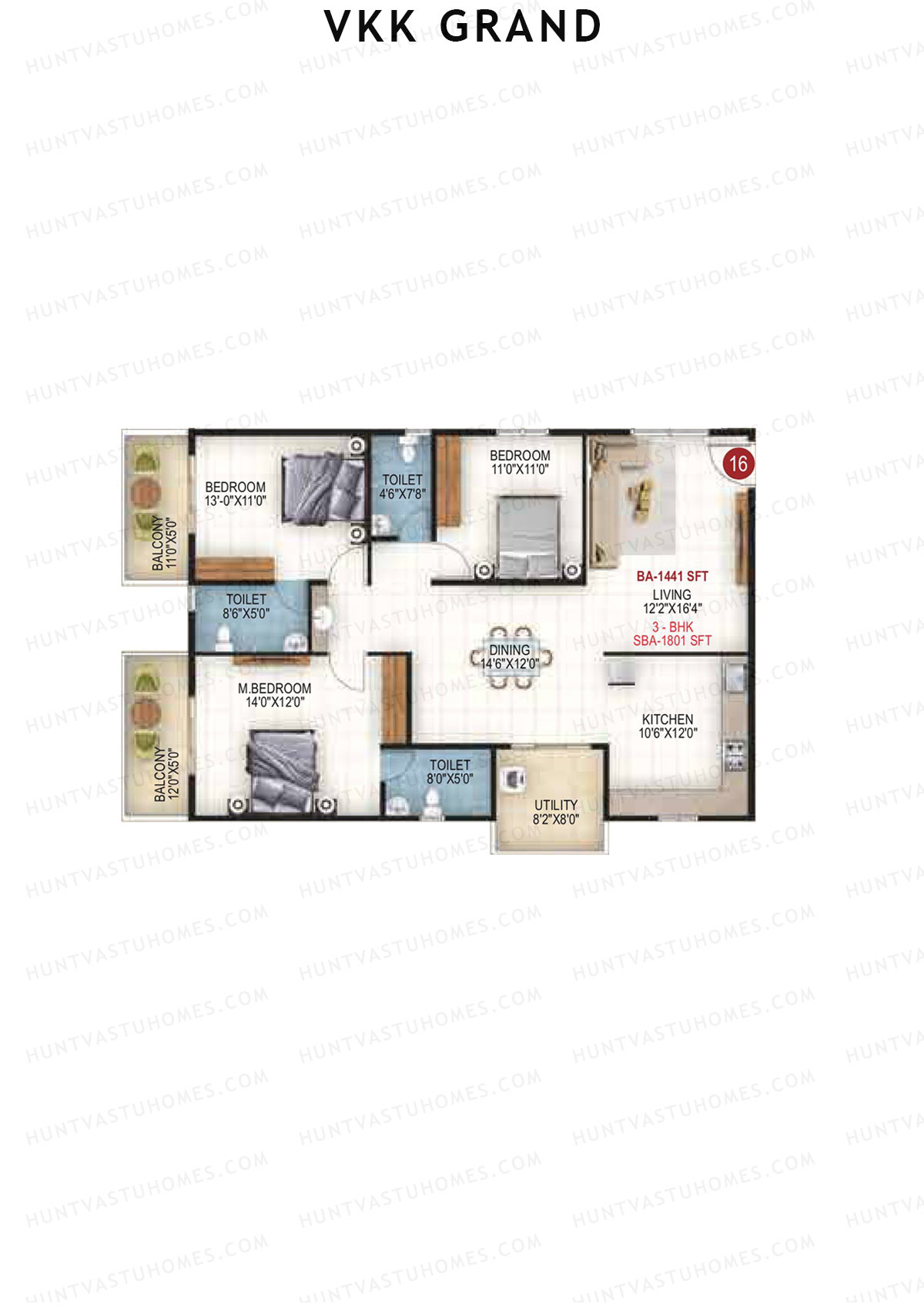 VKK Grand, Block B, Unit 16, 3BHK, Super Area 1801   sq ft 