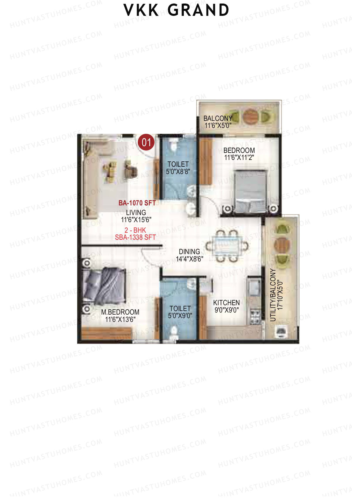 VKK Grand, Block B, Unit 1, 2BHK, Super Area 1338   sq ft 