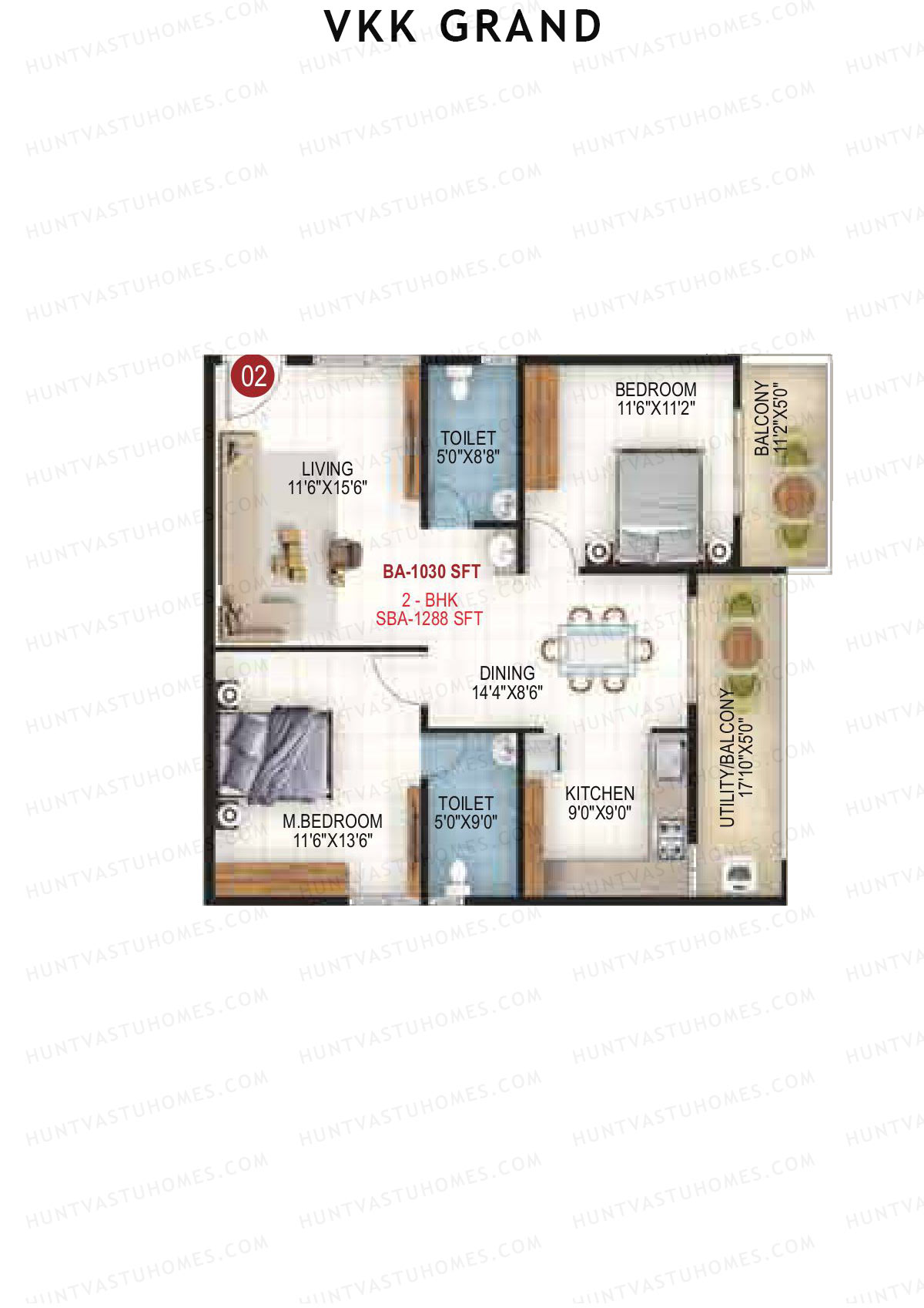 VKK Grand, Block B, Unit 2, 2BHK, Super Area 1288   sq ft 