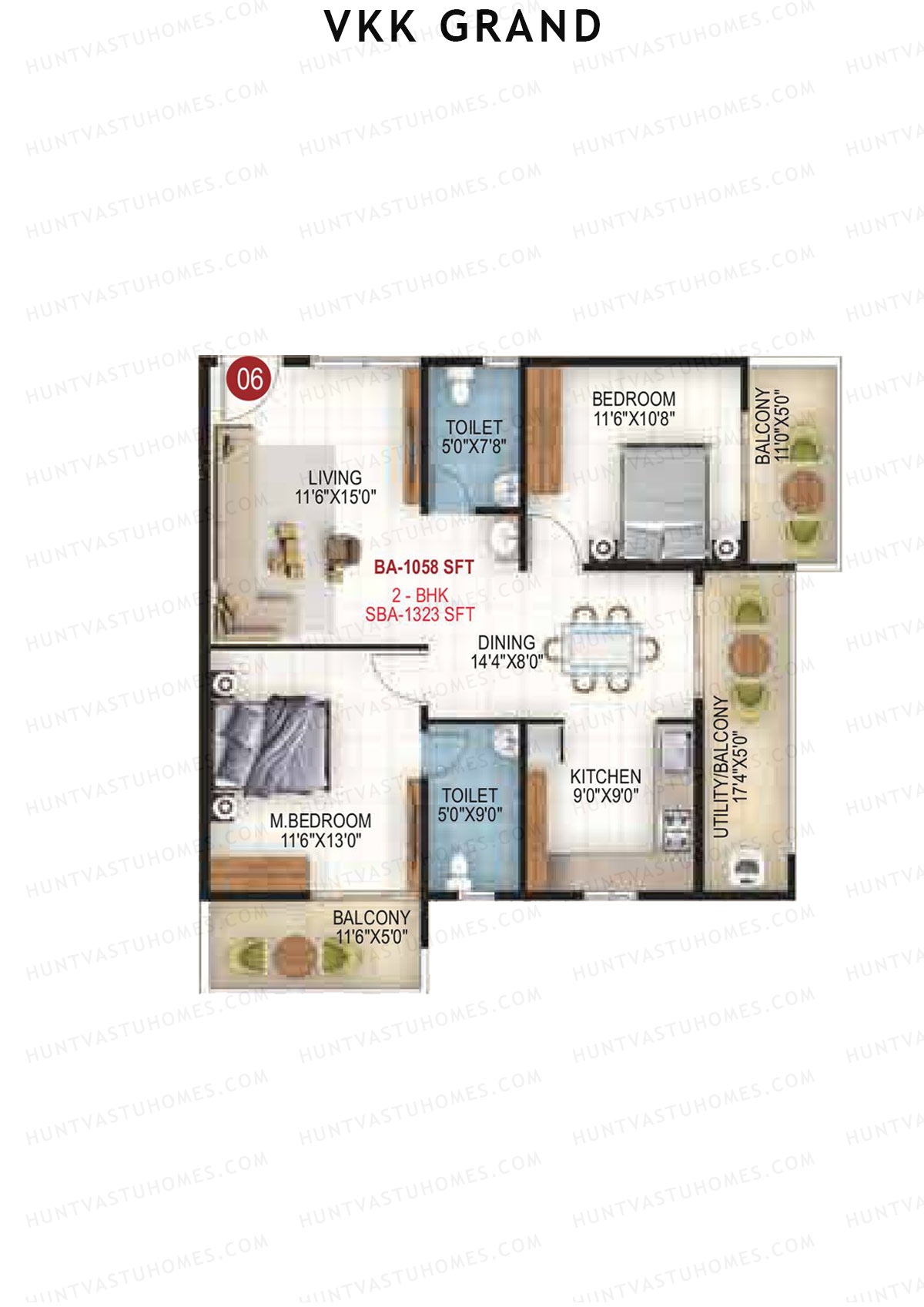 VKK Grand, Block B, Unit 6, 2BHK, Super Area 1323   sq ft 