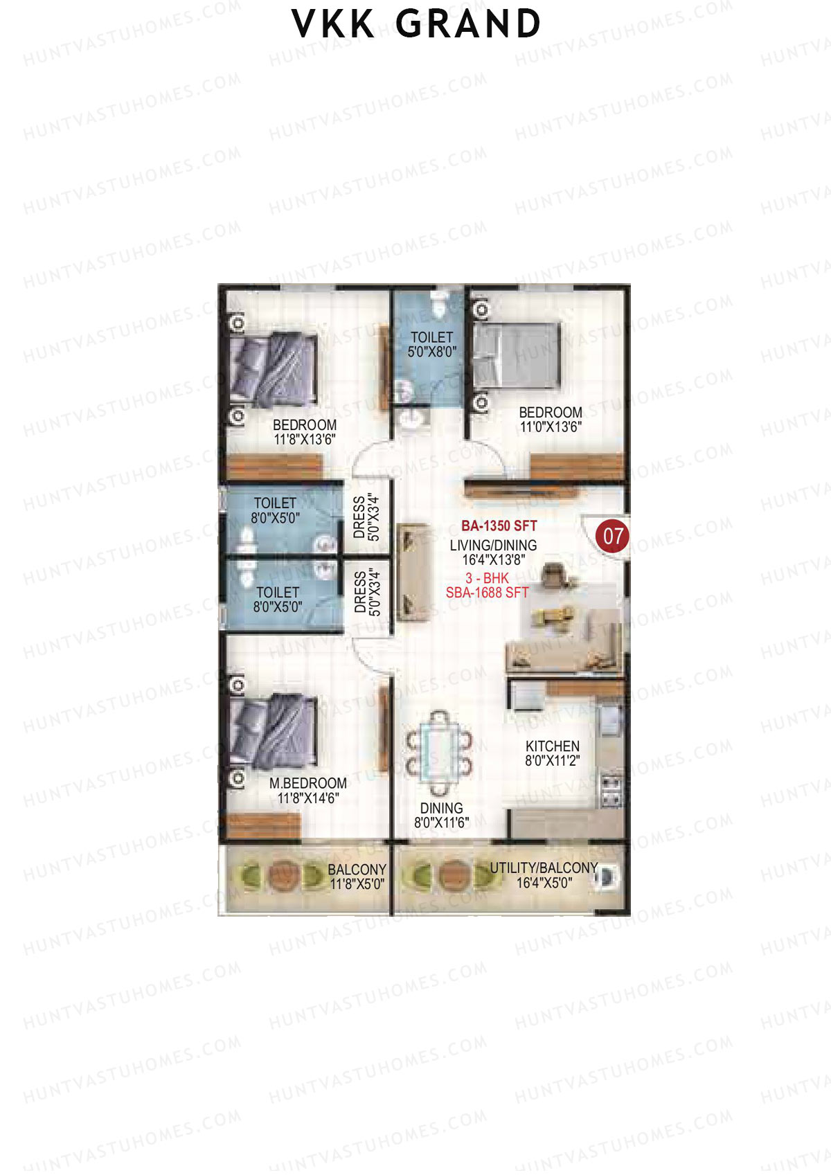 VKK Grand, Block B, Unit 7, 3BHK, Super Area 1688   sq ft 