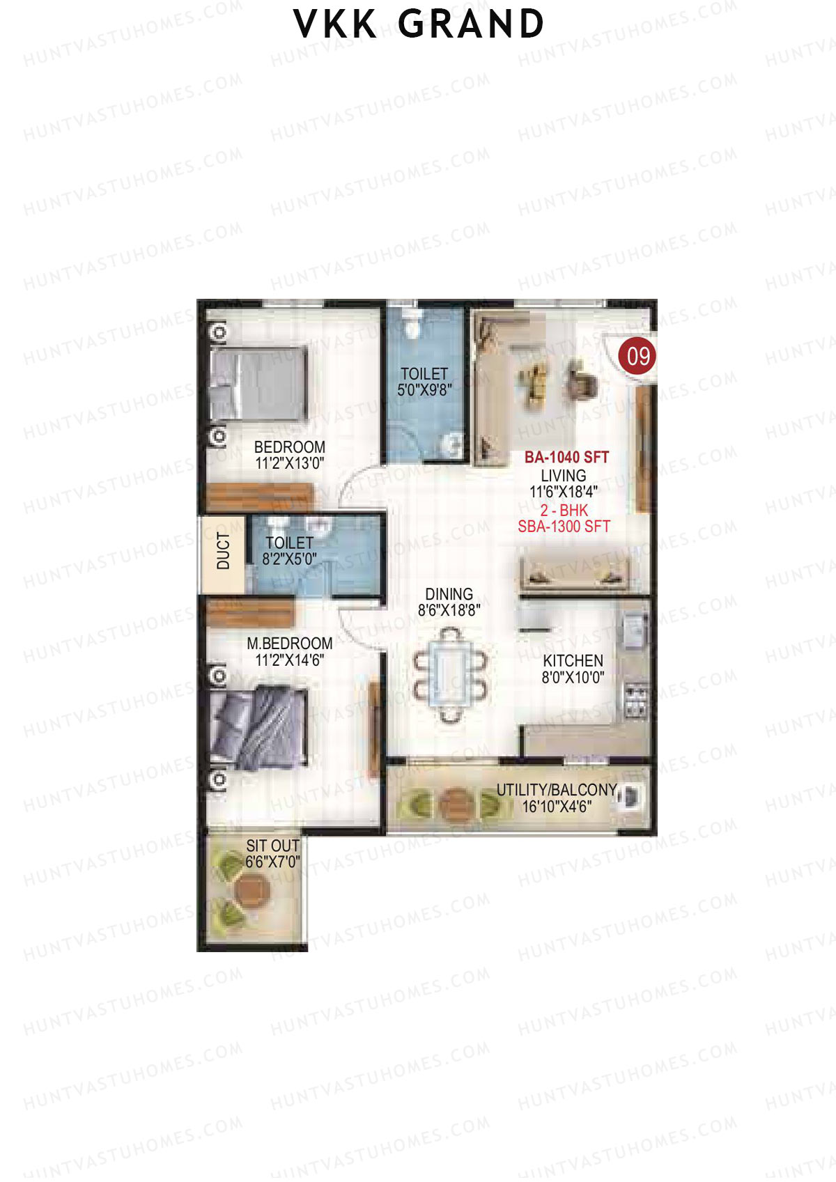 VKK Grand, Block B, Unit 9, 2BHK, Super Area 1300   sq ft 